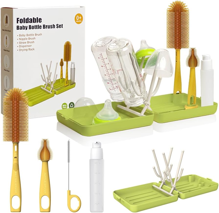 YOTIME Travel Bottle Brush, Travel Bottle Cleaner Kit with Foldable Bottle Drying Rack, for Visit Friends and Relations, Baby Travel Essentials, BPA Free, Blue