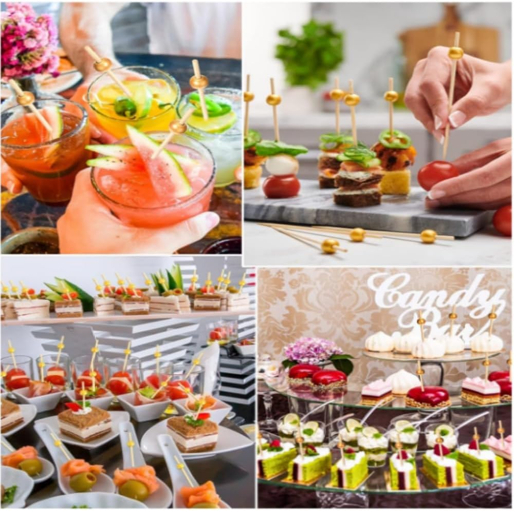 Jindizi 200PCS Cocktail Picks, Decorative Skewers for Appetizers Drinks Party Fruit, 4.7 Inch Long Wooden Bamboo Gold Ball Food Sticks Charcuterie Boards Accessories