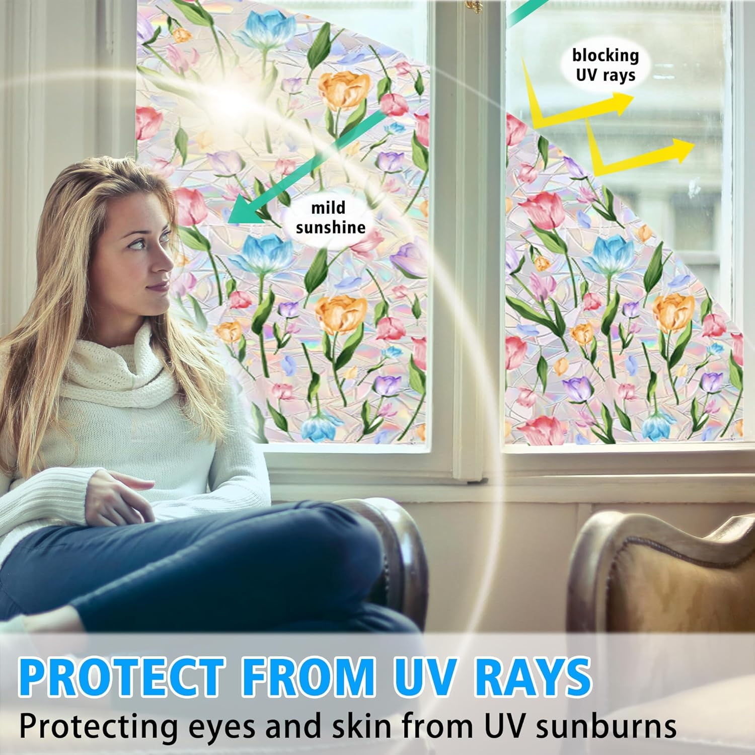 Stained Glass Window Film, Floral Privacy Film for Glass Windows, Decorative Window Cling Film, Non Adhesive Window Coverings Film for Bathroom Home Office (15.7 X 39.3 In) image number 6