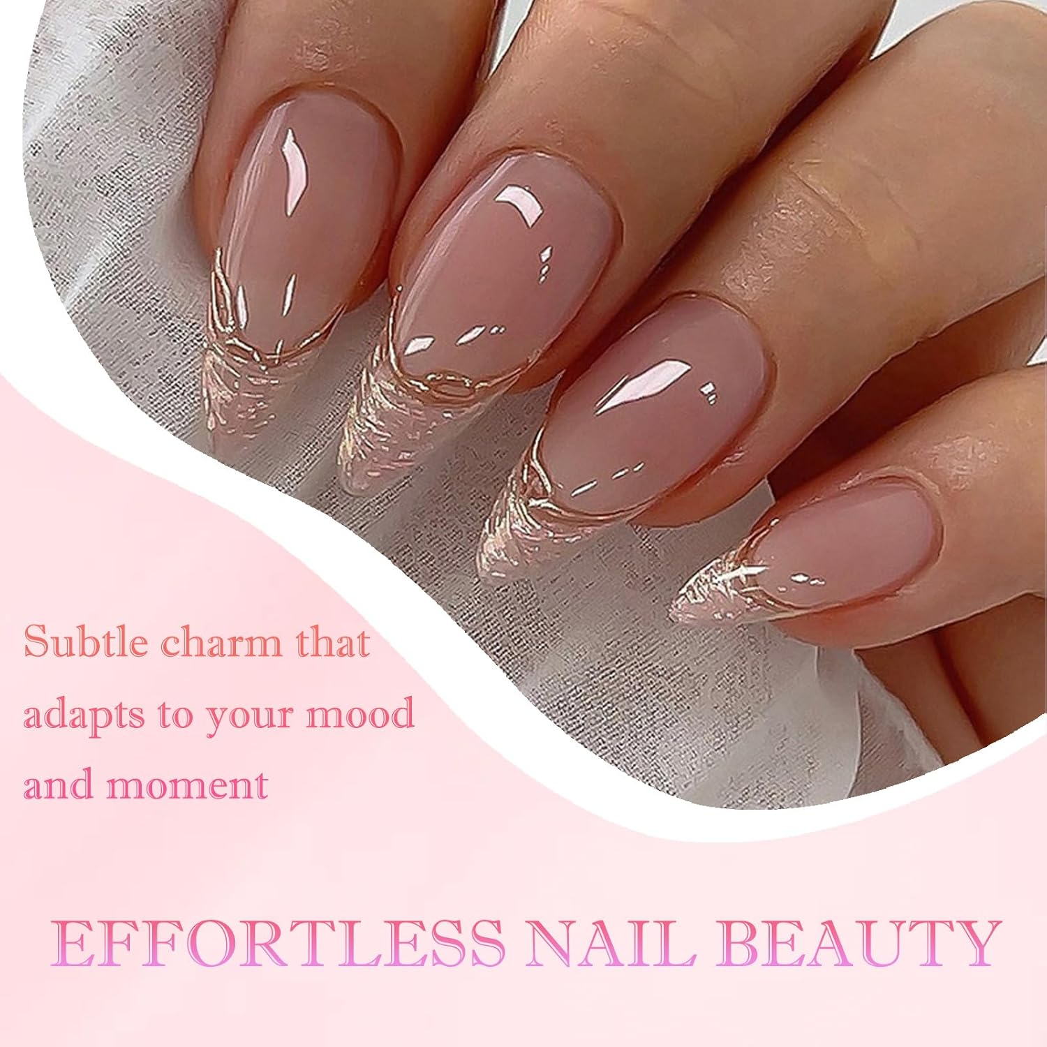 24Pcs Short Almond Press on Nails &ndash; Rough Gold Edge French Tip Fake Nails &ndash; 3D Stripes Acrylic Stick on with Accessory Tool Eco-Friendly ABS Resin Nude False for Women Full Kit image number 3