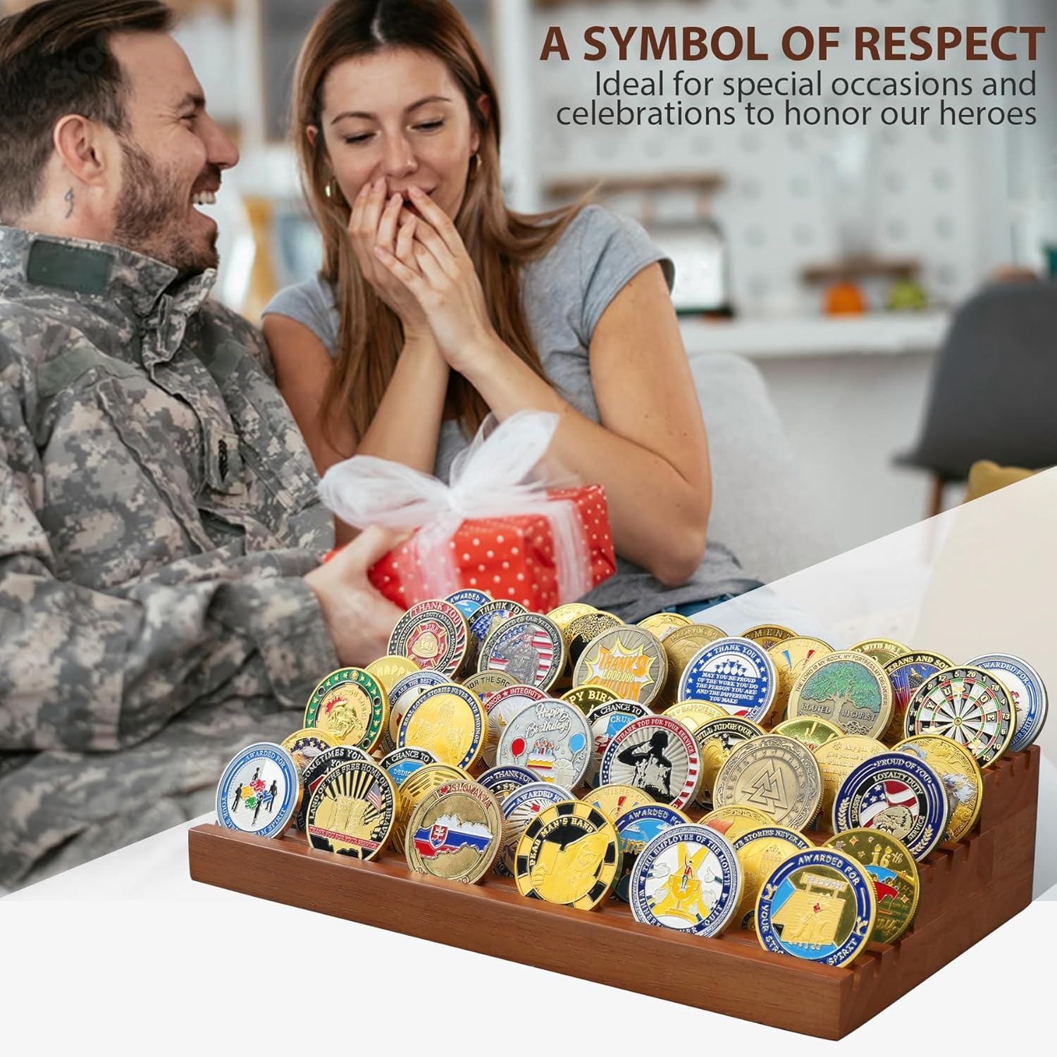 TJWZXX Challenge Coin Holder, 9 Rows Solid Wood Military Coin Display Stand Holds 60 Coins, Army Coin Rack Display Case for Desk Display image number 6