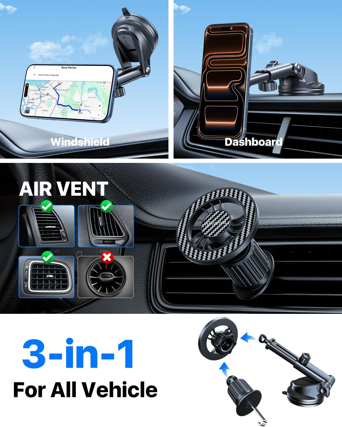 Vanva for Magsafe Car Mount [ Military-Grade Protection ], Magnetic Phone Holder Fordashboard/Windshield/Air Vent, Universal Cell Phone Holder Compatible with Iphone 17/16/15/14/13/12 & Samsung (B1)
