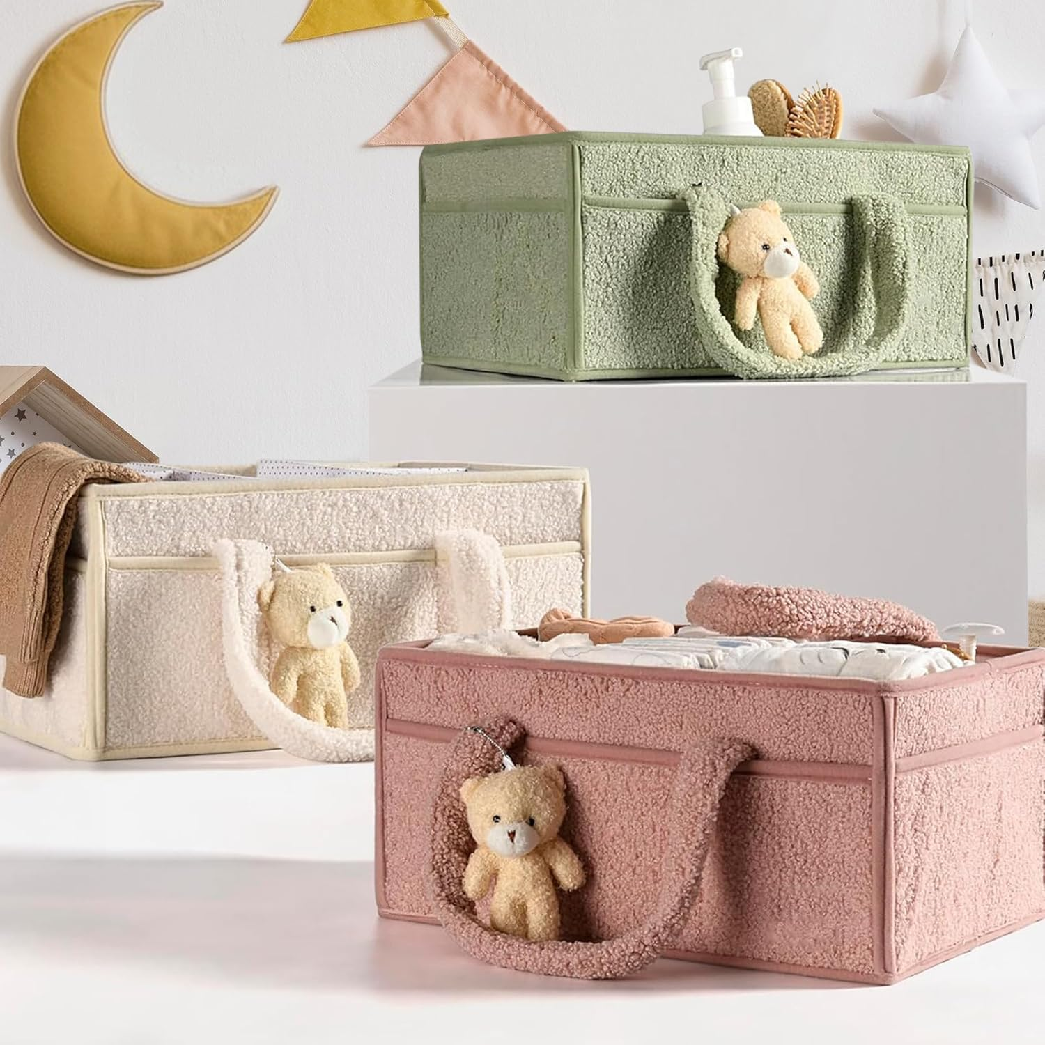 Baby Diaper Caddy Organizer, Portable Nursery Nappy Storage Basket for Diapers, Wipes and Baby Essentials (Green) - Green image number 2