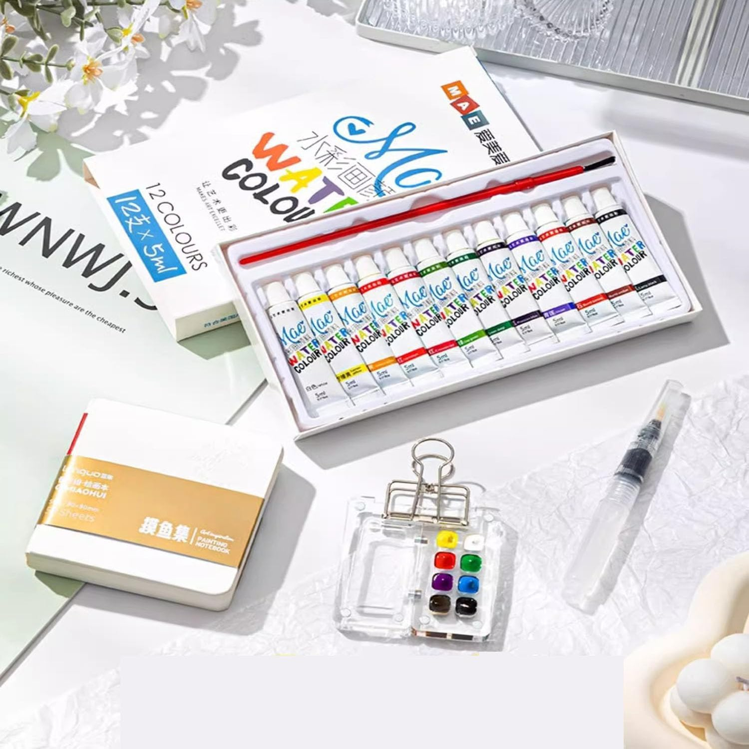 Artist Portable Watercolor Travel Kit, Travel Drawing Board, Mini Portable Watercolor Drawing Board Kit with Clip for Students (12 Color 8-Grid Set) image number 4