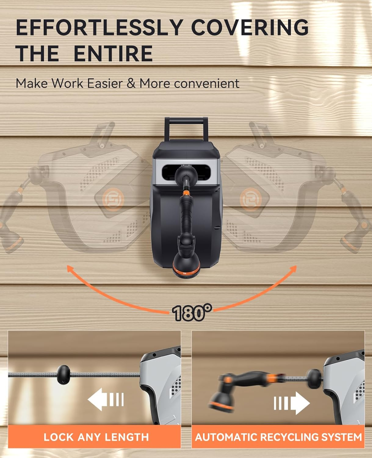 SUNPOW Retractable Garden Hose Reel - 25M Wall Mounted Hose Reel, 10 Function Sprayer Nozzle - Any Length Lock, Auto Rewind System, 180&deg;Swivel Bracket- Grey image number 4