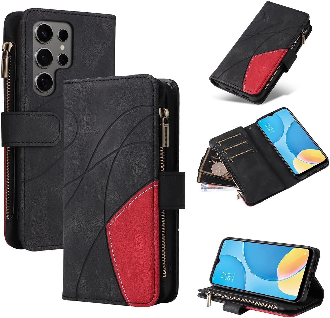 Design Piece of Leather-Like Wallet Phone Case for Samsung S24 Ultra with 5 Card Slots, Zipper Pocket, Kickstand and Magnetic Lock