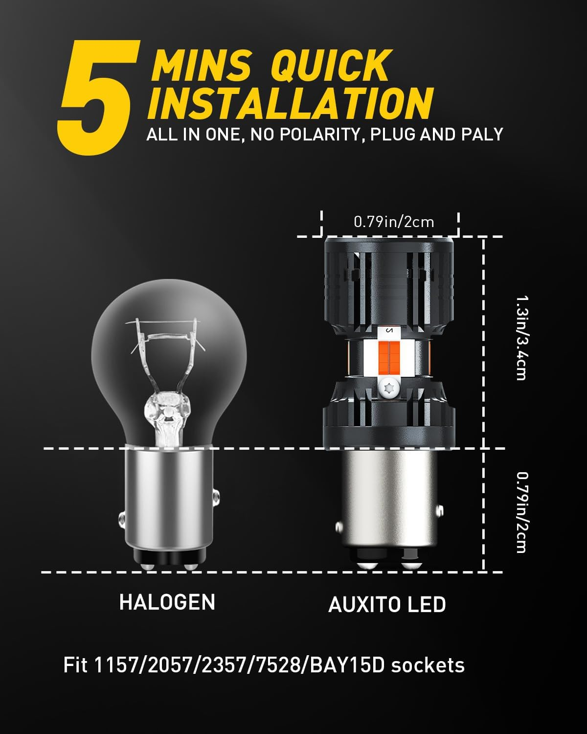 AUXITO CANBUS 1157 LED Bulbs Amber Yellow 4000 Lumens for Turn Signal Lights with Built-In Resistor anti Hyper Flash 2057 2357 7528 BAY15D P21/5W Blinker Bulb Replacement, Pack of 2 image number 6