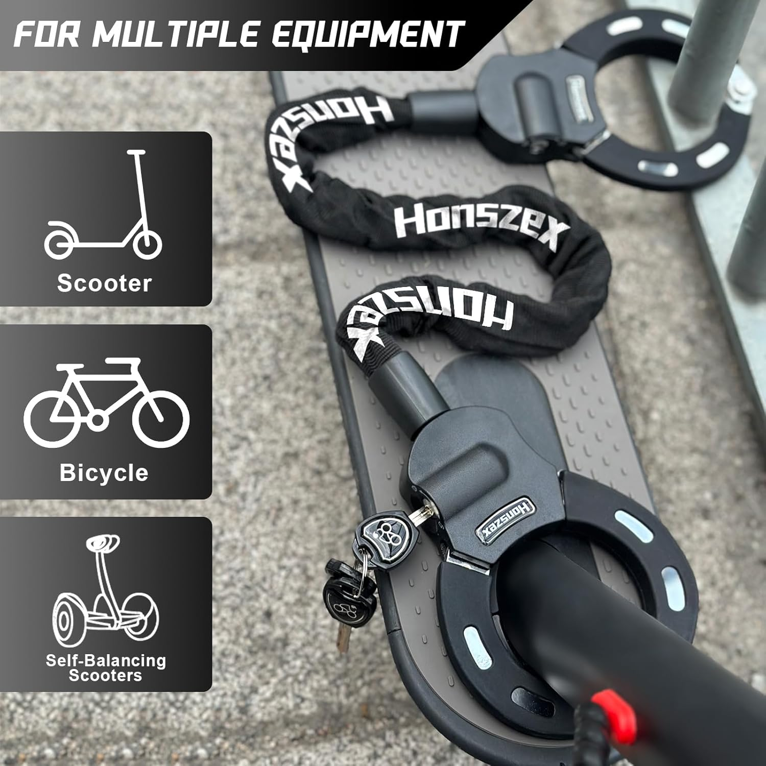 Honszex E Scooter Lock, Black, Handcuff Lock with Key, High Security, Rubber Lock Sleeve, 60Cm Chain, Portable Hanging Bag image number 3