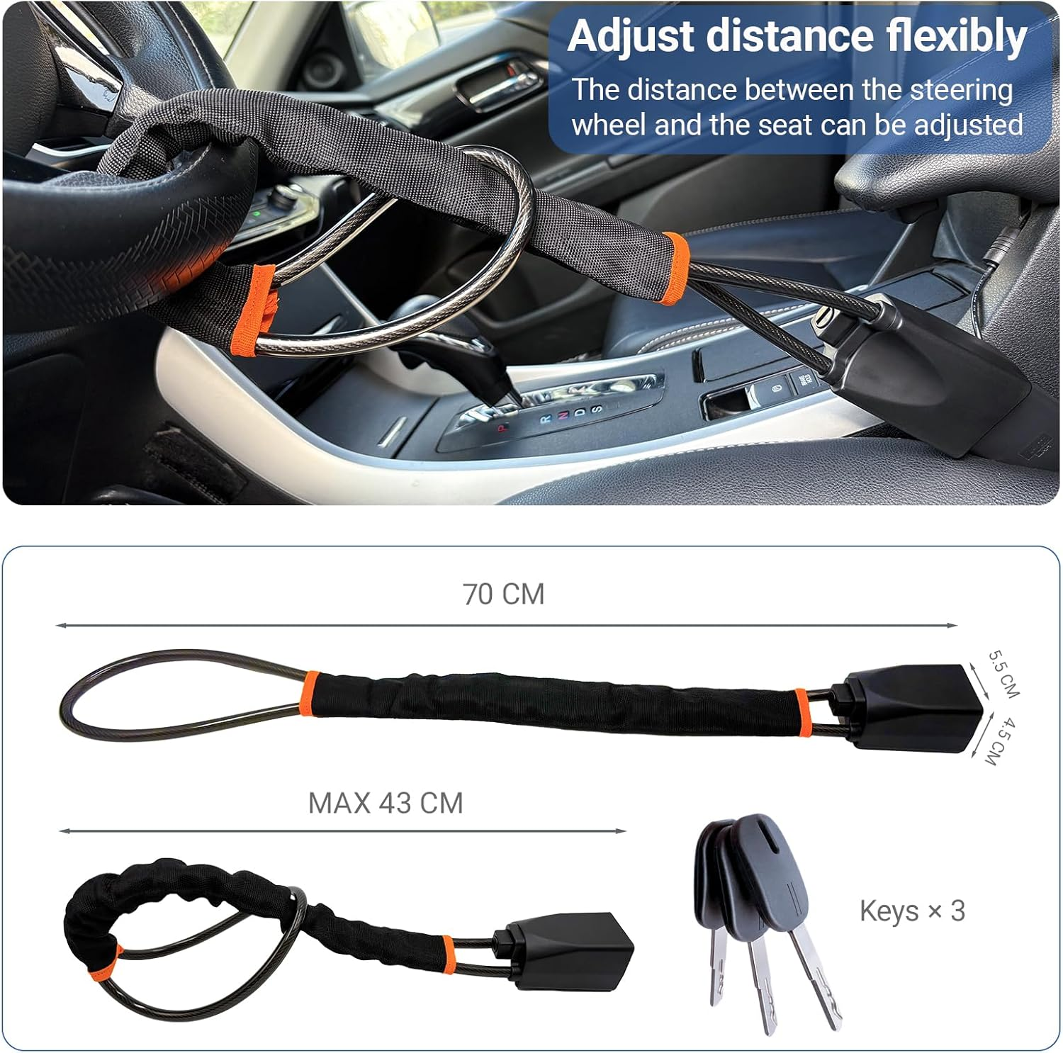 Car Steering Wheel Lock, Lightweight anti Theft Club Lock, 43Cm Universal Seat Belt Buckles Sturdy Lock with 3 Keys, Fit Most Vehicle Car SUV Truck Van (Black) image number 2