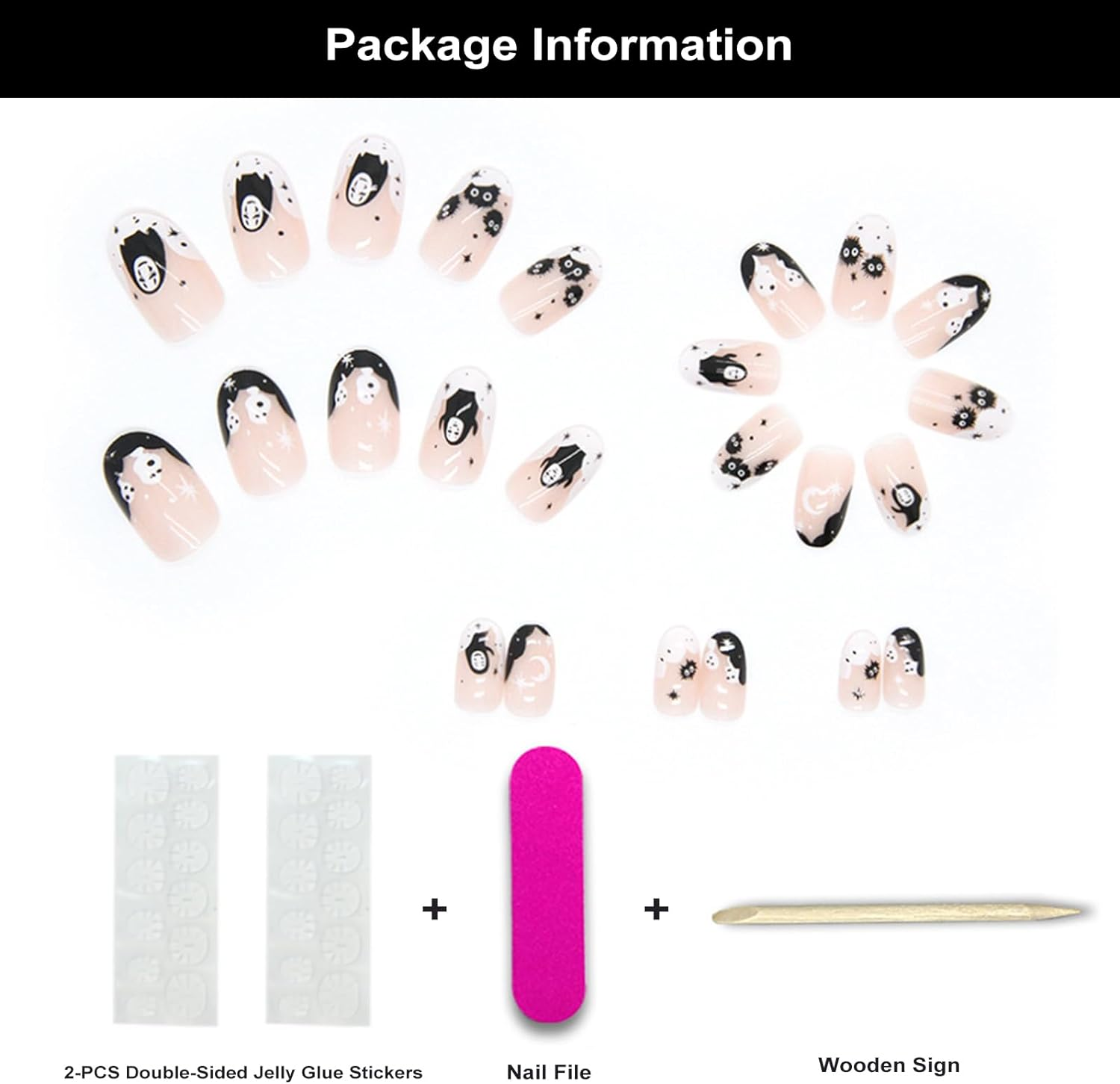 24PCS Halloween Press on Nails Medium French Tip Fake Nails with Ghost Design Cute Cosplay False Nails Glossy and Full Cover Acrylic Nails for Women and Girls image number 2