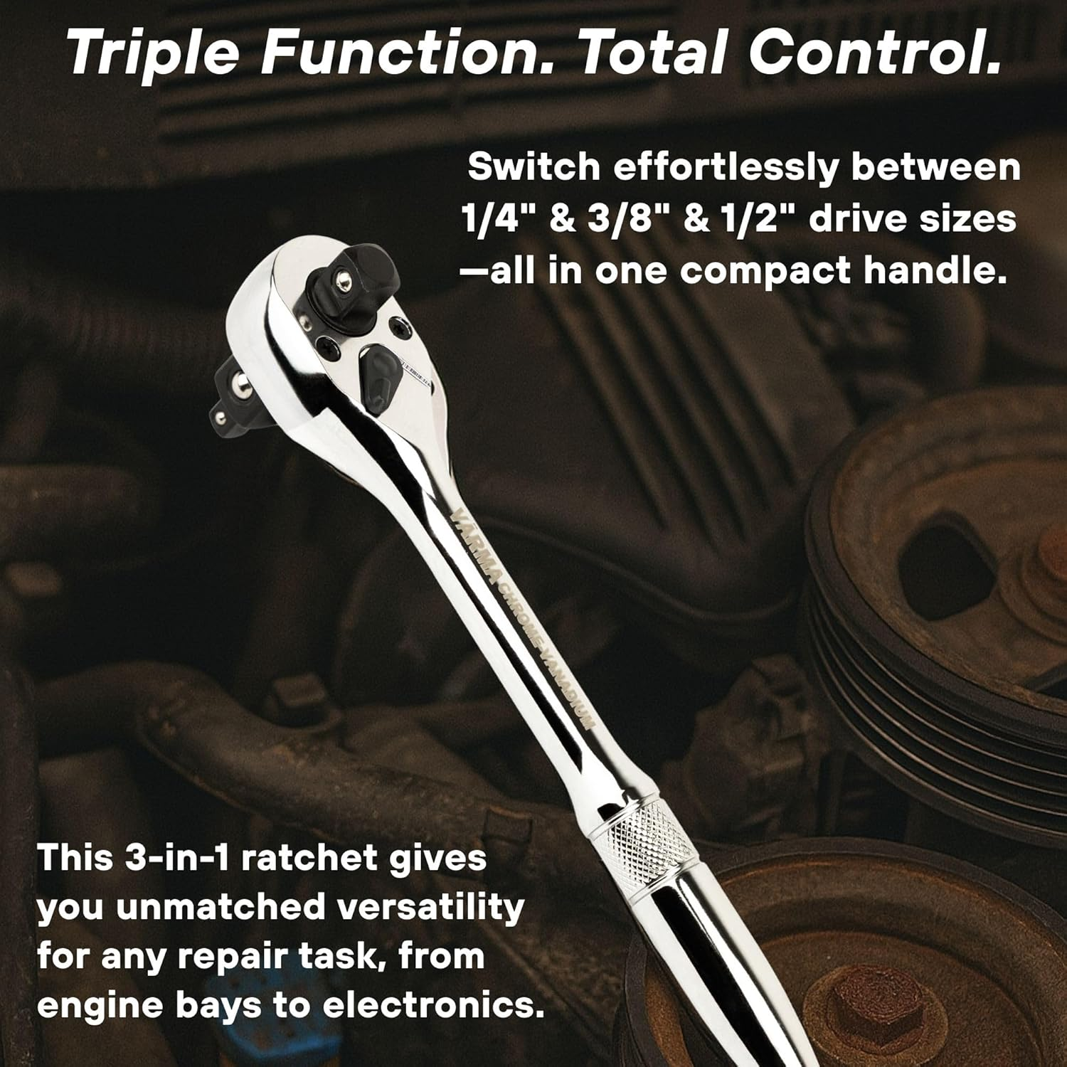 3-In-1 Ratchet Wrench &ndash; 1/2", 3/8", 1/4" Drive | 72-Tooth Reversible Ratchet Handle | CR-V Steel, 8-Inch (200Mm) | High-Torque, 5&deg; Swing Arc, CR-V Steel for Automotive & Mechanical Use image number 1