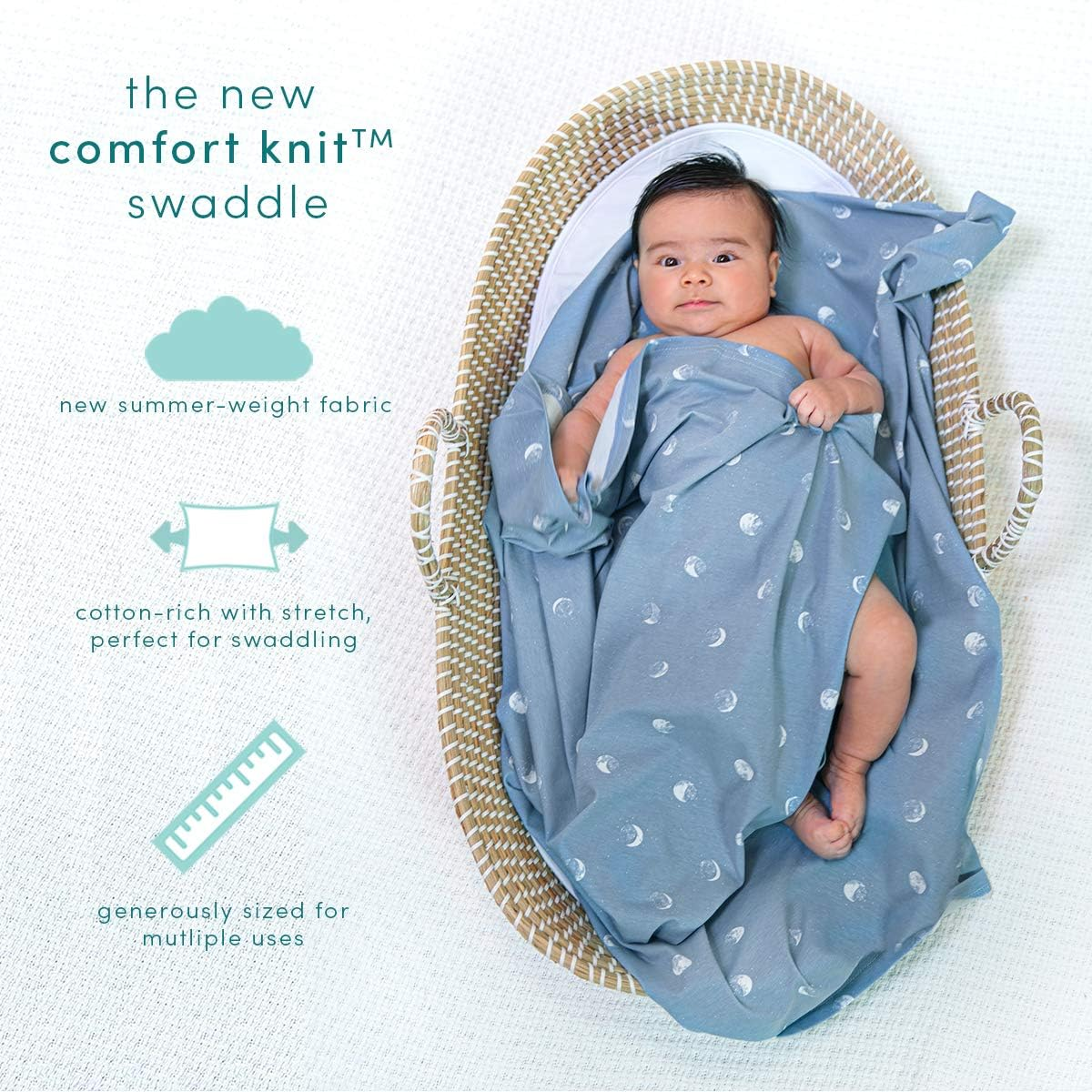 Aden + Anais Comfort Knit Baby Swaddle Blanket for Newborn Girl and Boy, Super Soft Cotton with Spandex, Versatile Stroller Cover, Burp Cloth, Nursing Shield, 47 X 47 Inch, Blue Moon image number 2