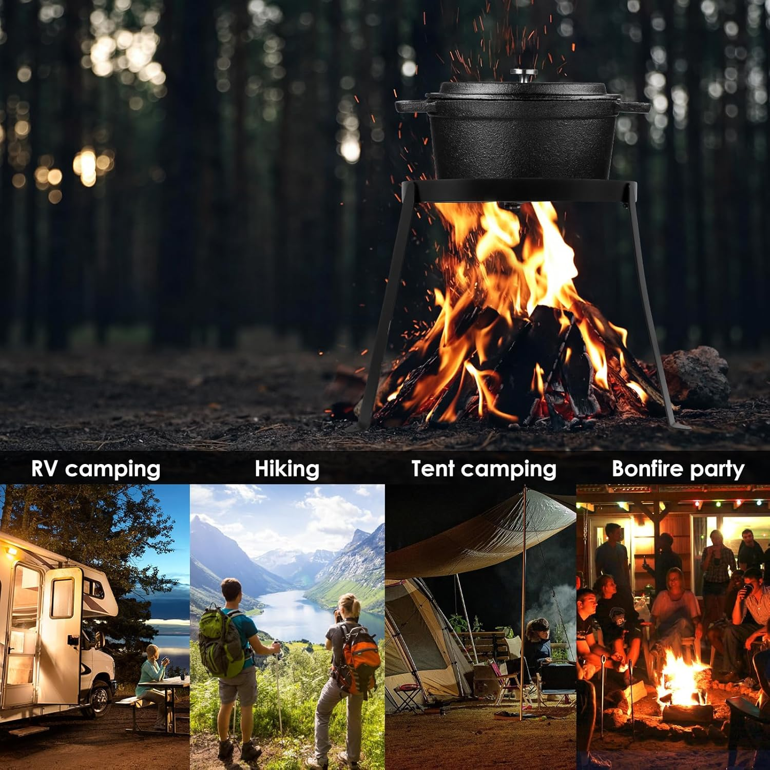 Campfires Tripod Stand Stable Fire Tripod Cast Iron Open Camping Tripod Heat Resistant Grill Open Fire Cooking Stand Folding Outdoor Fire Pit Stand for outside Camping