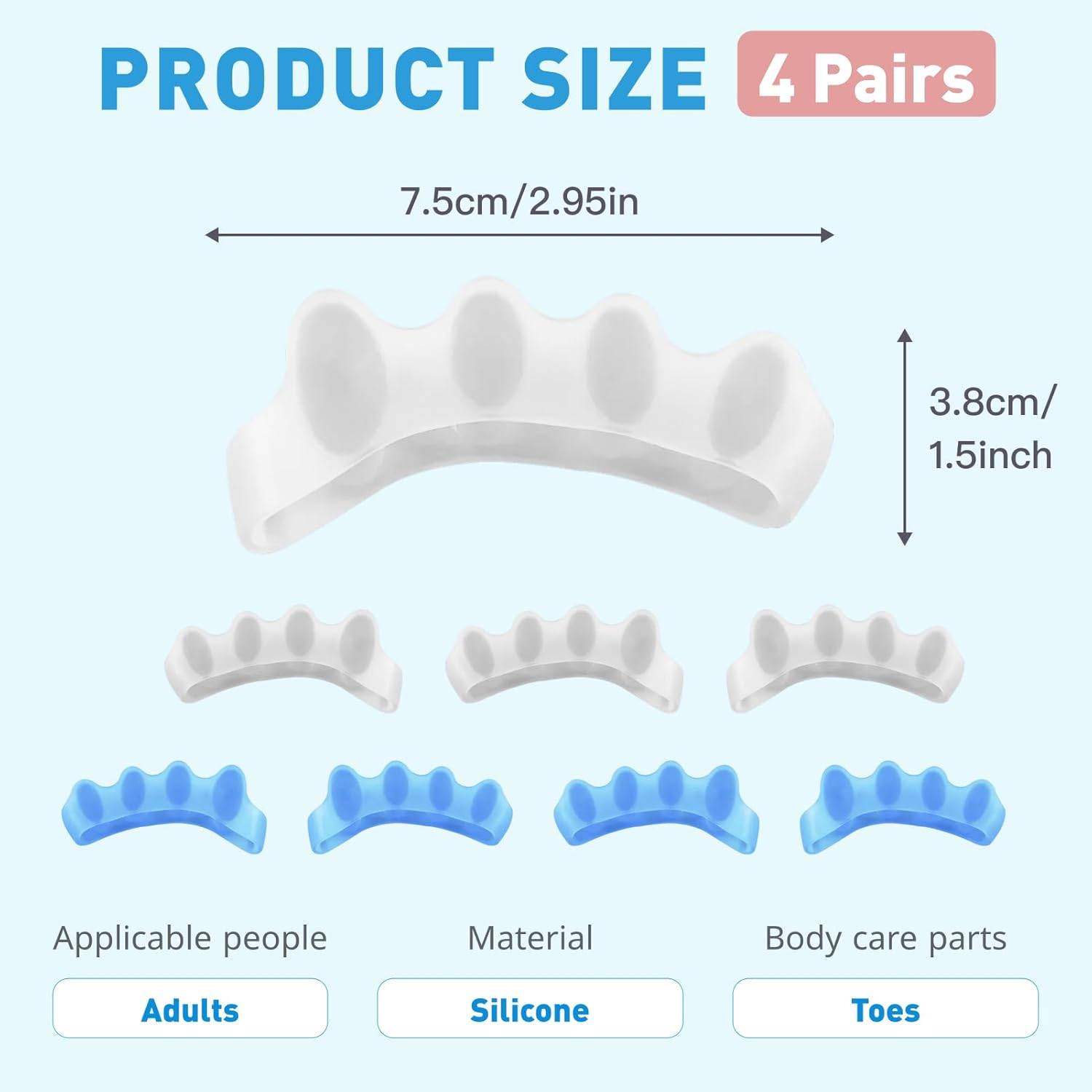 Toe Separators and Spacers, 4 Pairs of Soft Gel Toe Spreaders for Bunion Correction and Foot Pain Relief, Toe Stretchers Suitable for Men and Women, Ideal for Hammer Toes, and Claw Toes, Blue/White