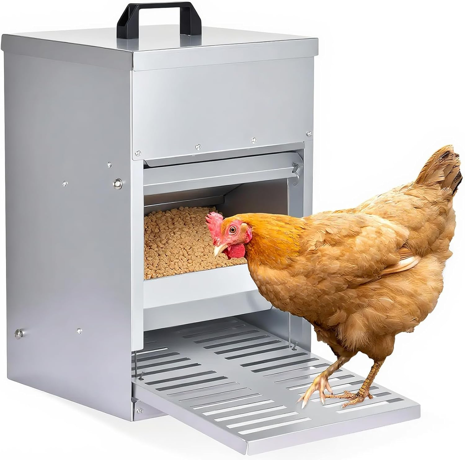 Advwin Automatic Chicken Feeder, 22Kg Capacity, Galvanized Metal Poultry Feeder with Lid & Lock, Weatherproof Outdoor Coop Food Dispenser Suitable for Geese and Ducks image number 6