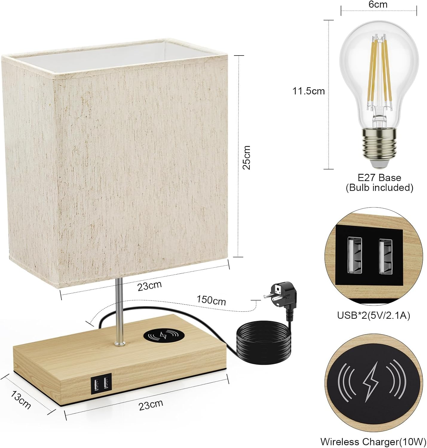 ​10W Wireless Charging Bedside Lamp - Touch Dimmable LED Table Lamp with 2 USB Ports, 3 Brightness for Bedroom & Office