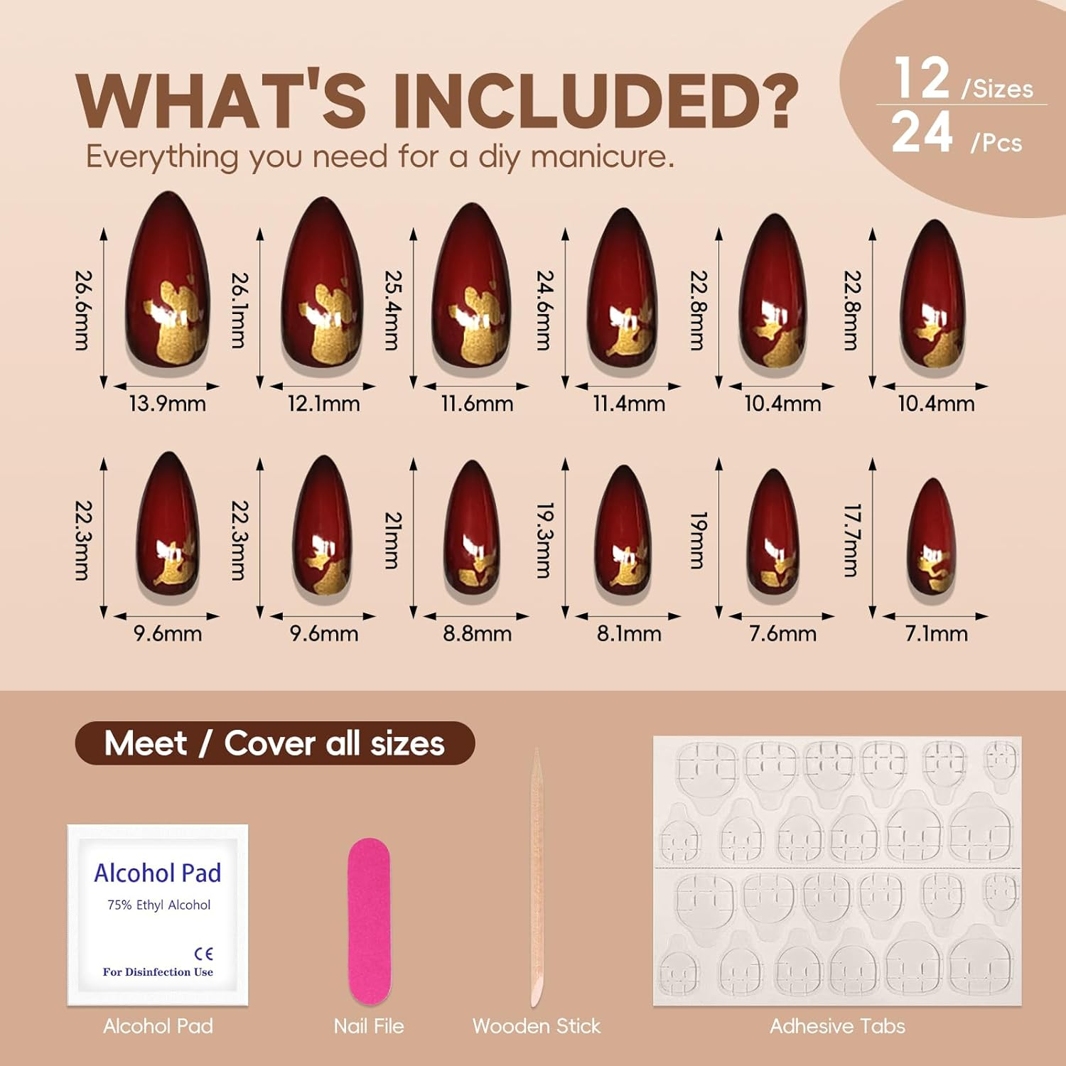 Noerrors 24Pcs Black Red Gold Foil Short Almond False Nails Stick on Gothic Color Gradient Vampire Golden Sequins Acrylic False Nails with Glue image number 5