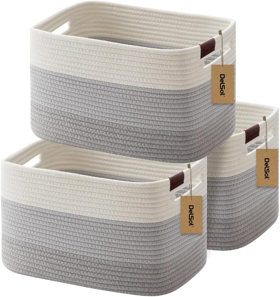 Delsol Cotton Rope Woven Basket, 3 Pack 38X26X23Cm Rectangle Storage Basket with Handle for Living Room, Bathroom, Blanket Clothes Pillows Laundry Hamper, Baby Nursery, Toy Organizer(White & Gray) - Beige image number 5