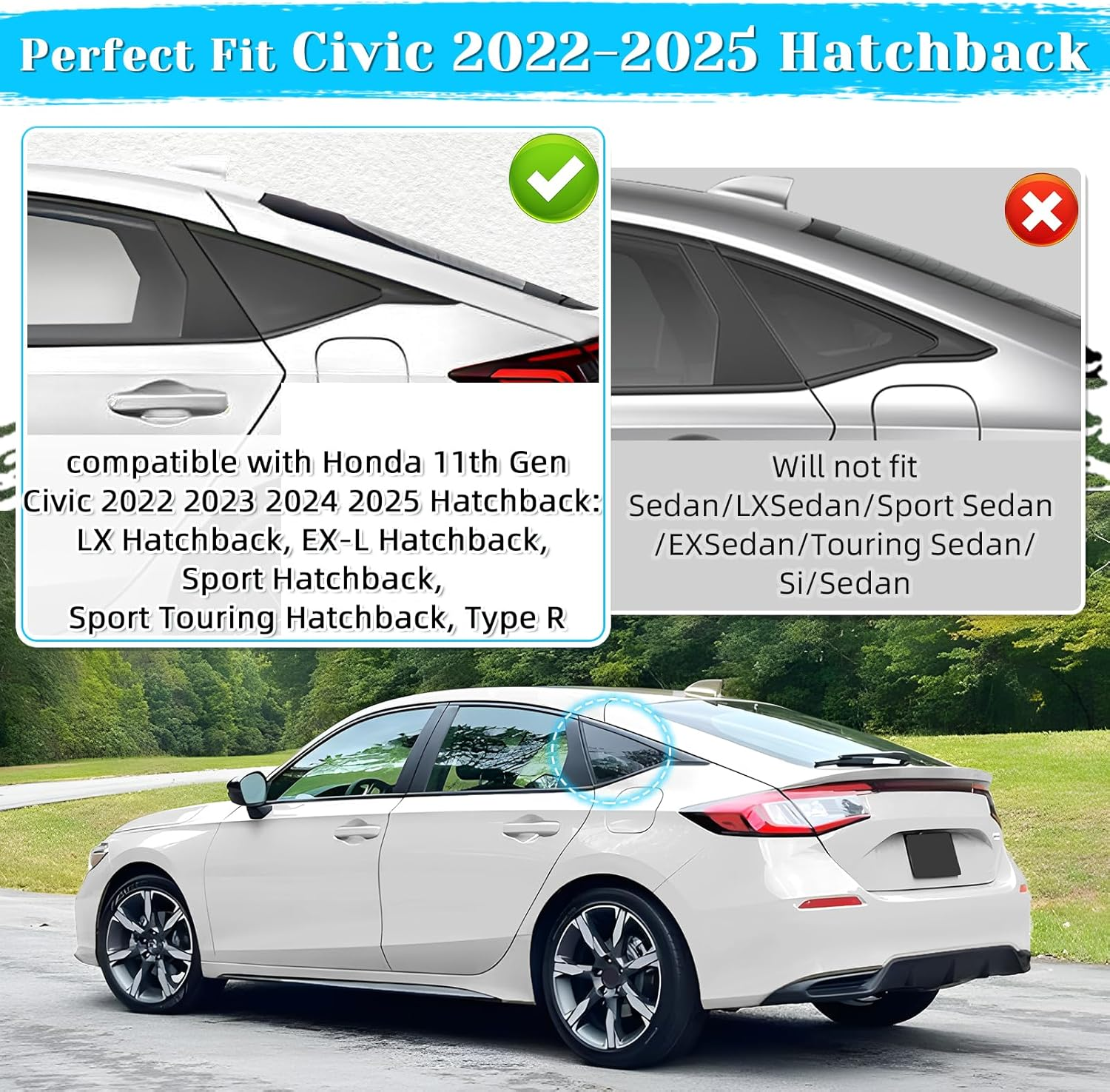 Alicatong Rear Side Window Louvers for 11Th Gen Civic Hatchback Type R Compatible with Honda Civic 2025 2024 2023 2022 Exterior Accessories Air Vent Window Scoop Shades Blinds Cover(Carbon Fiber) image number 3