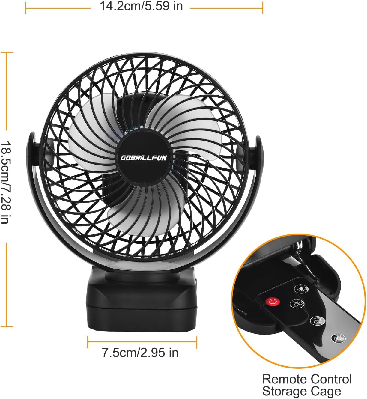 GOBRILLFUN Portable Clip Fan with Remote, 9 LED Lights, 6-Inch Battery Operated USB Rechargeable Fan with 3 Speeds, Power Bank Feature, Personal Cooling for Home, Office, RV, Outdoor Camping image number 2