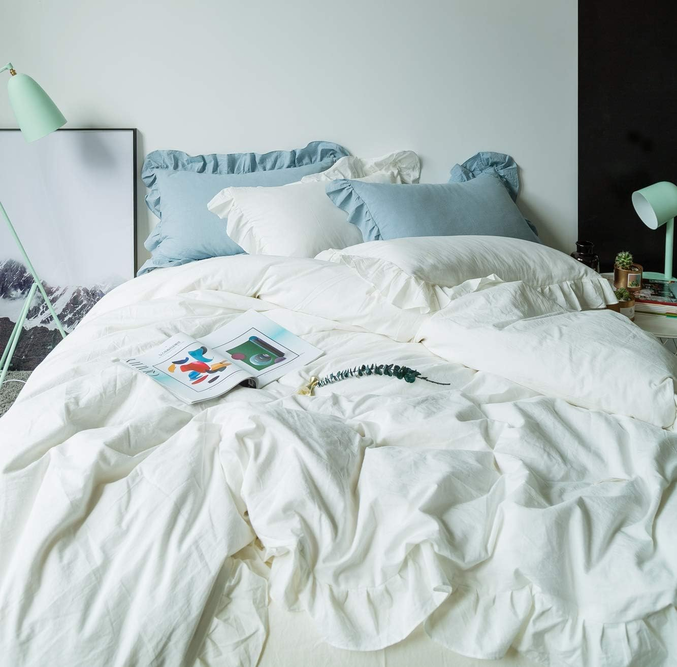 SUSYBAO Vintage Ruffled Duvet Cover King 100% Washed Cotton Cute Lace Duvet Cover 3 Pcs Set 1 Farmhouse Shabby Chic Duvet Cover with Zipper Ties 2 Pillow Shams Soft White Ruffle Bedding Set Comfy image number 1