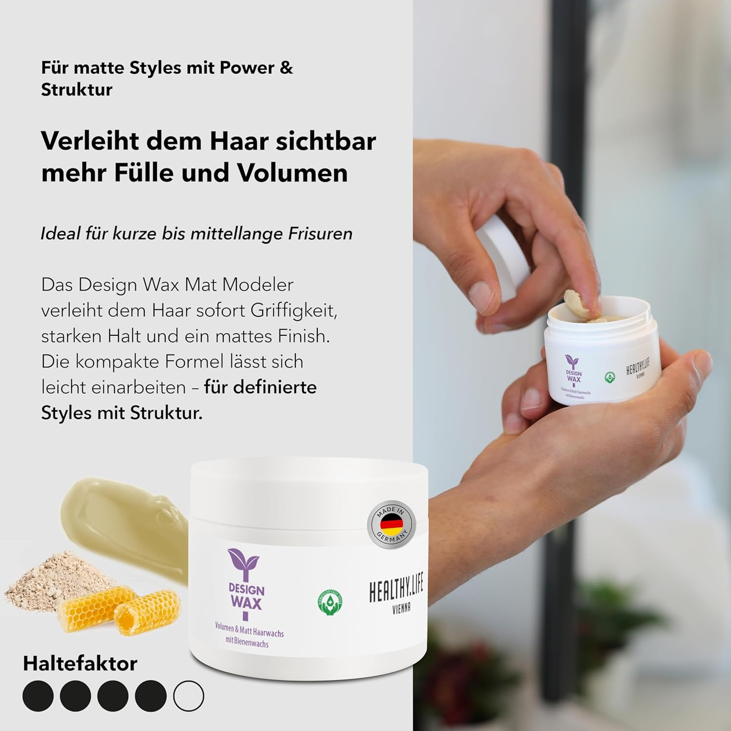 HEALTHY.LIFE VIENNA Mat Modeler Hair Wax for Men/Women - Strong Styling Matte Hair Wax, Hair Shaping, Natural Wax for Beautiful Hair, 50 Ml image number 3