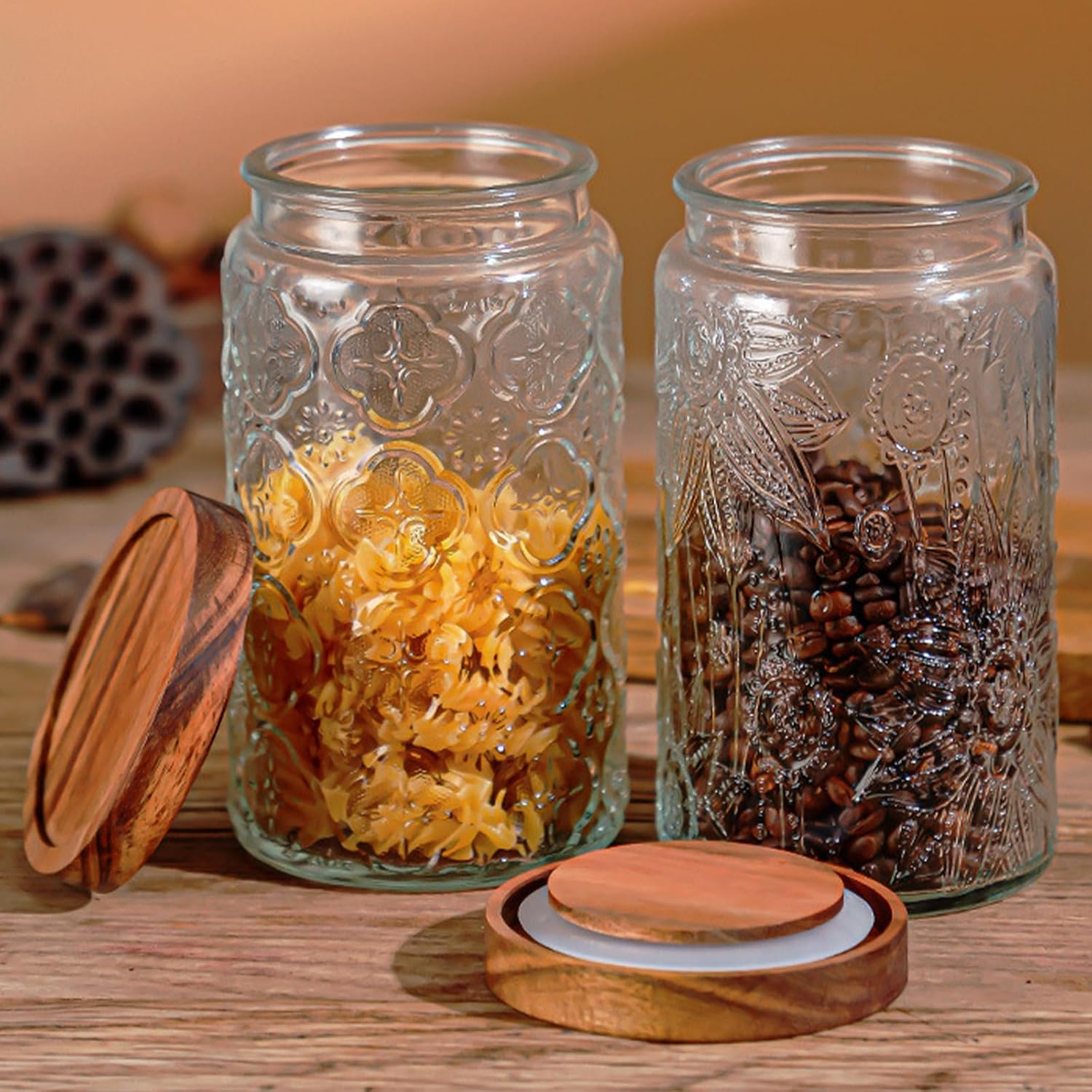 Vintage Glass Jar，34Oz/2Pcs Glass Storage Jar with Airtight Bamboo Wooden Lids，Glass Food Storage Containers for Kitchen Counter Pantry Coffee Beans Tea Oats Candy Jar (Stone Pattern+Flower) - Stone Pattern+Flower image number 3