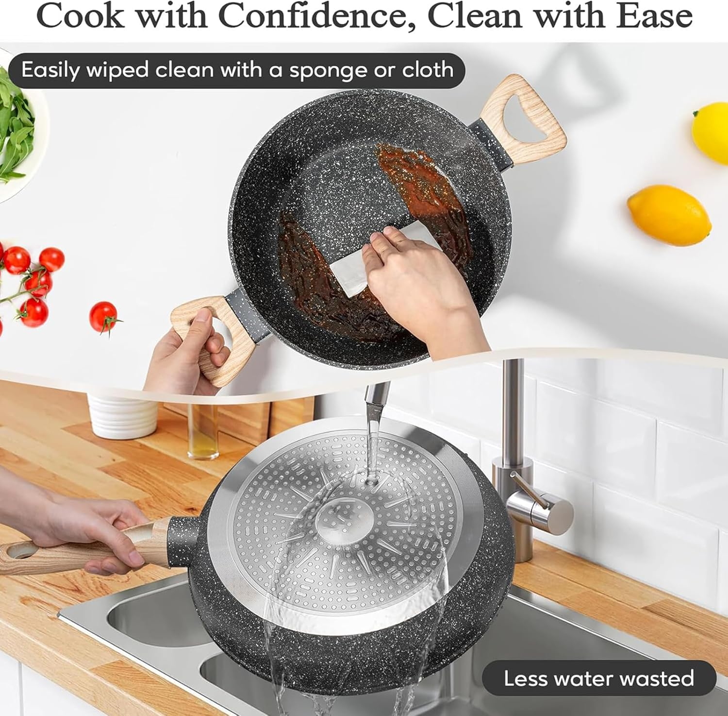 Black Pots and Pans Set, Induction Non Toxic Healthy Kitchen Cooking Set with Frying Pans, Granite Nonstick Cookware Sets, Saucepans, Steamer, PFAS PTFE PFOA PFOS Free, 12Packs image number 2