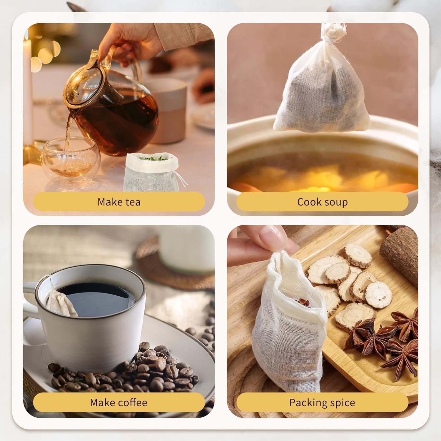 50Pcs Drawstring Bags for Straining,3.9*5.9Inches,Unbleached Cotton Straining Bag for Coffee Tea Filter,Soup Gravy Broth Stew Bags Natural Cotton Fine Mesh Filter Bags,Reusable Fine Mesh Filter Bags image number 6