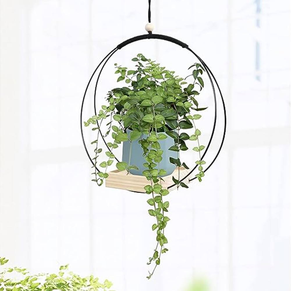 Hanging Planter with Wood Base, Modern Macrame Plant Hanger for Indoor Outdoor Wall Ceiling Window Boho Home Decoration, Black(Planter/Plants Not Included) image number 1