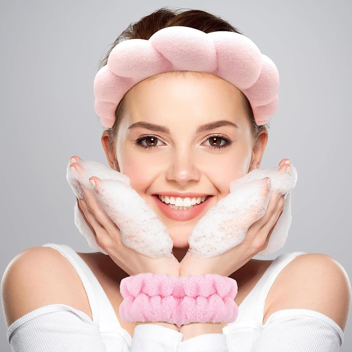 SHUNYUNG Skincare Headband Set, 6 Pieces Pink Spa Headband with Wristbands and Hair Clips image number 5