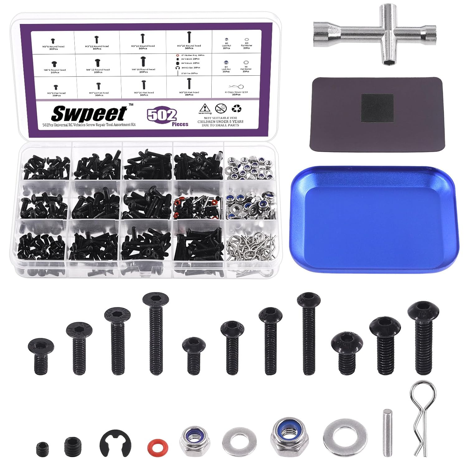 Swpeet 502Pcs Universal RC Screw Kit Screws Assortment Set, Hardware Fasteners Compatible with 1/8 1/10 1/12 1/16 Scale RC Cars, Includes M3&M4 Screws(Flat, round Head, Hex Drive), Flat Washers, Pins image number 3