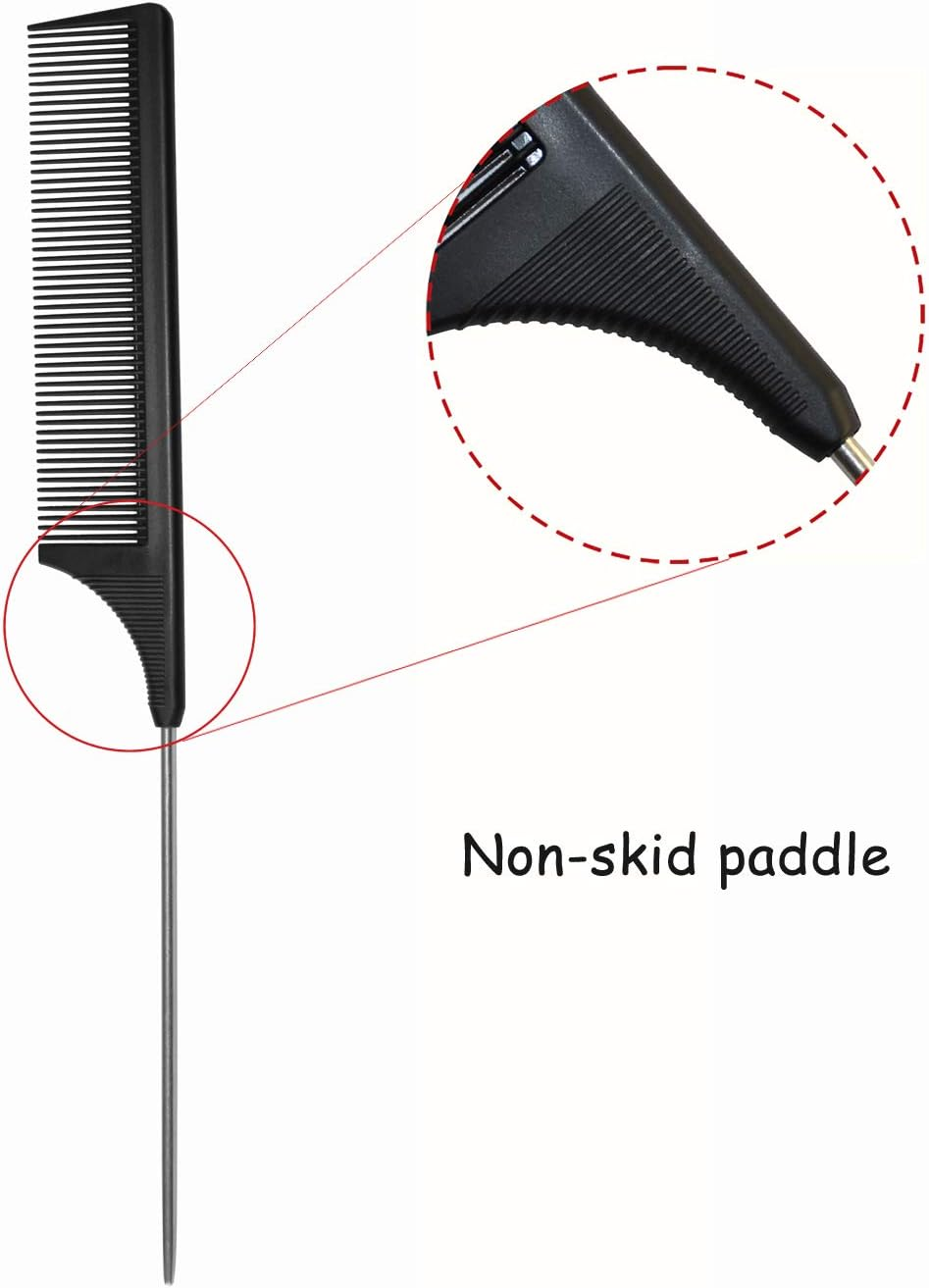 Hair Comb - a Professional Anti-Static Carbon Fibre Metal-Pin Tail Comb,Heat Resistant Barber and Salon Rattail Comb with Non-Skid Paddle Parting Comb,Fine Tooth in Black image number 2