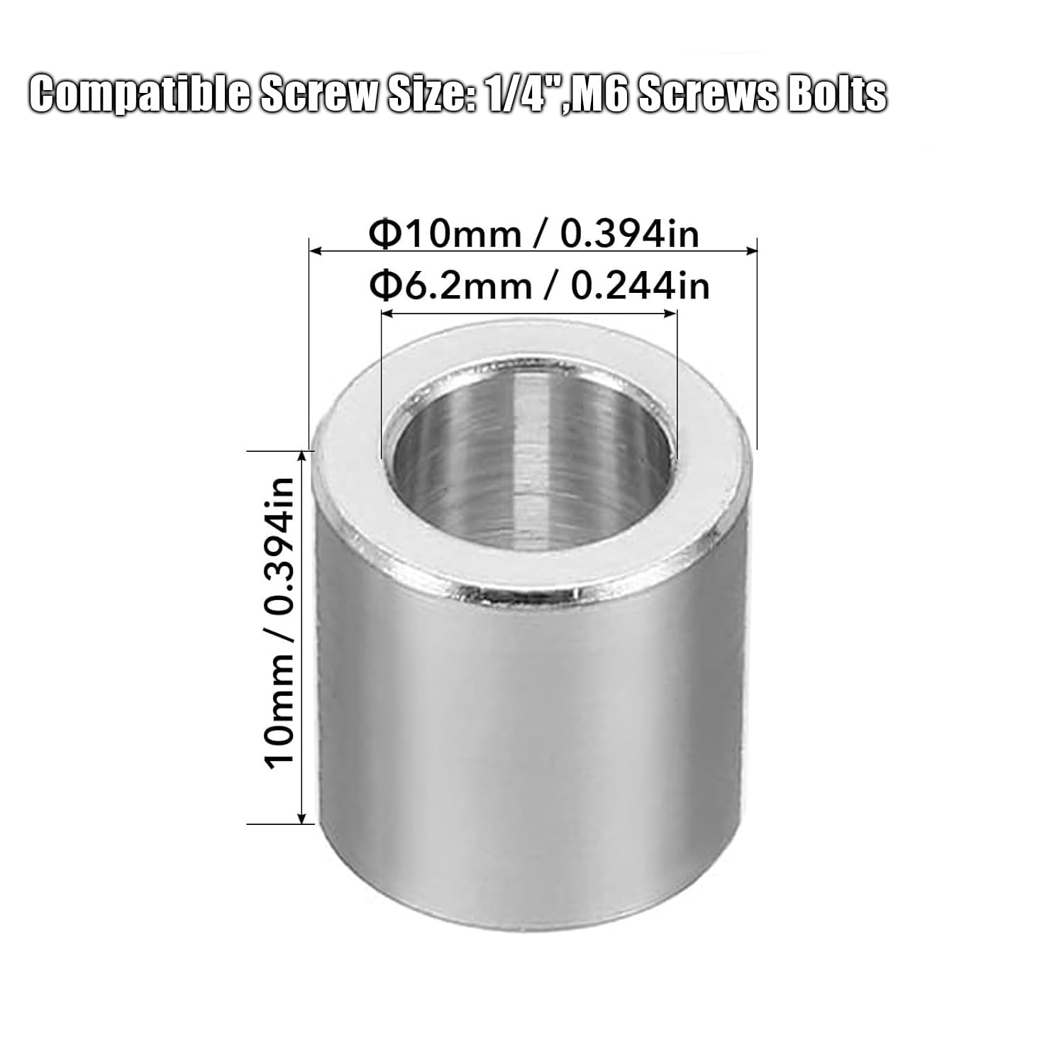 WEZCHUGHAOL 10-Pack M6 Stainless Steel Spacers, 6.2Mm ID X 10Mm OD X 10Mm L round Spacer Standoffs for 1/4" or M6 Screw Bolts - Durable Metal Spacer Washers for Screw Accessories image number 3