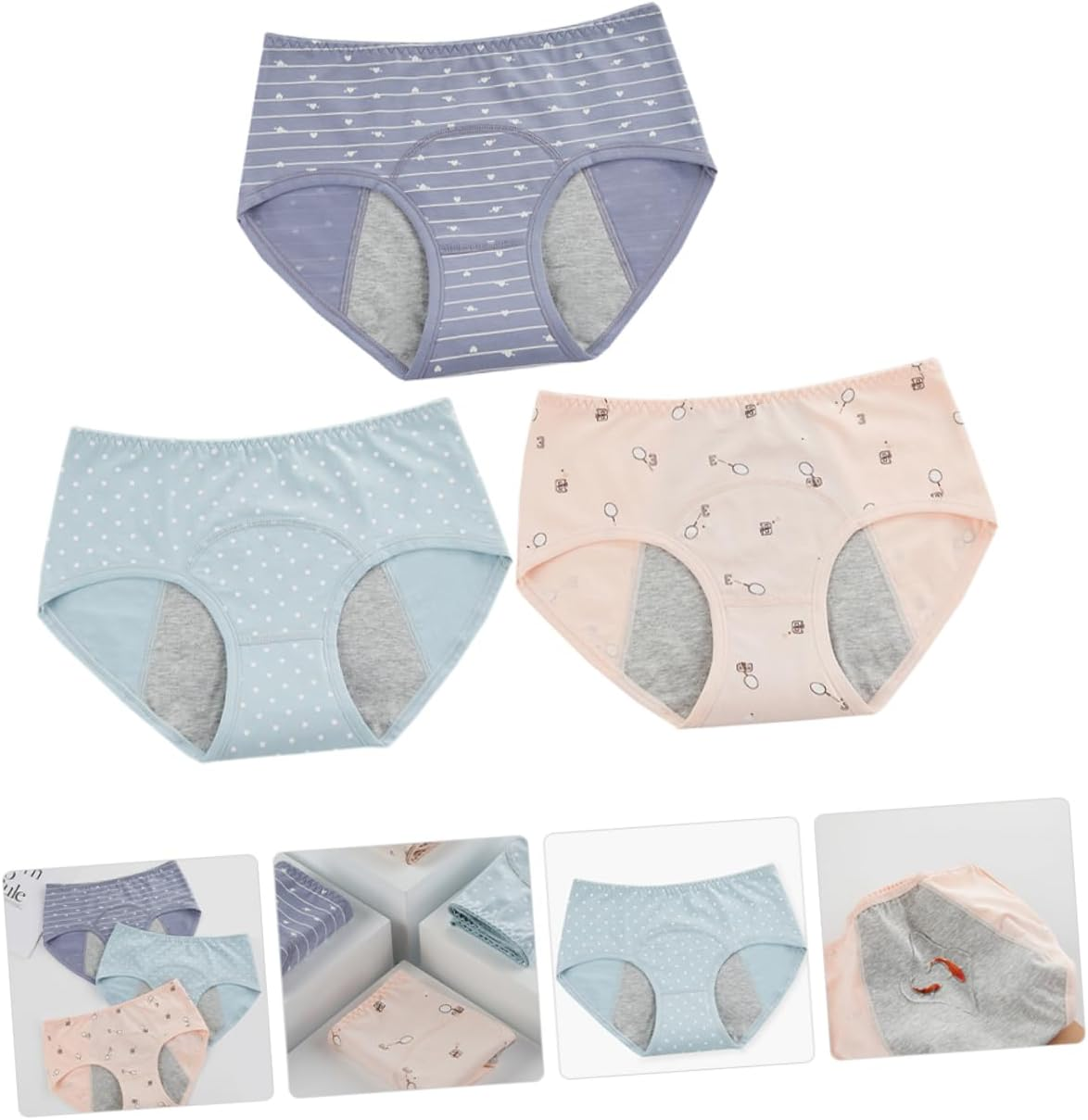SHERCHPRY 3Pcs Heavy Overnight Period Underwear Women Mid-Waist Sanitary Pants Leak and Absorbent Shrimp Lake Blue Gray Blue image number 5