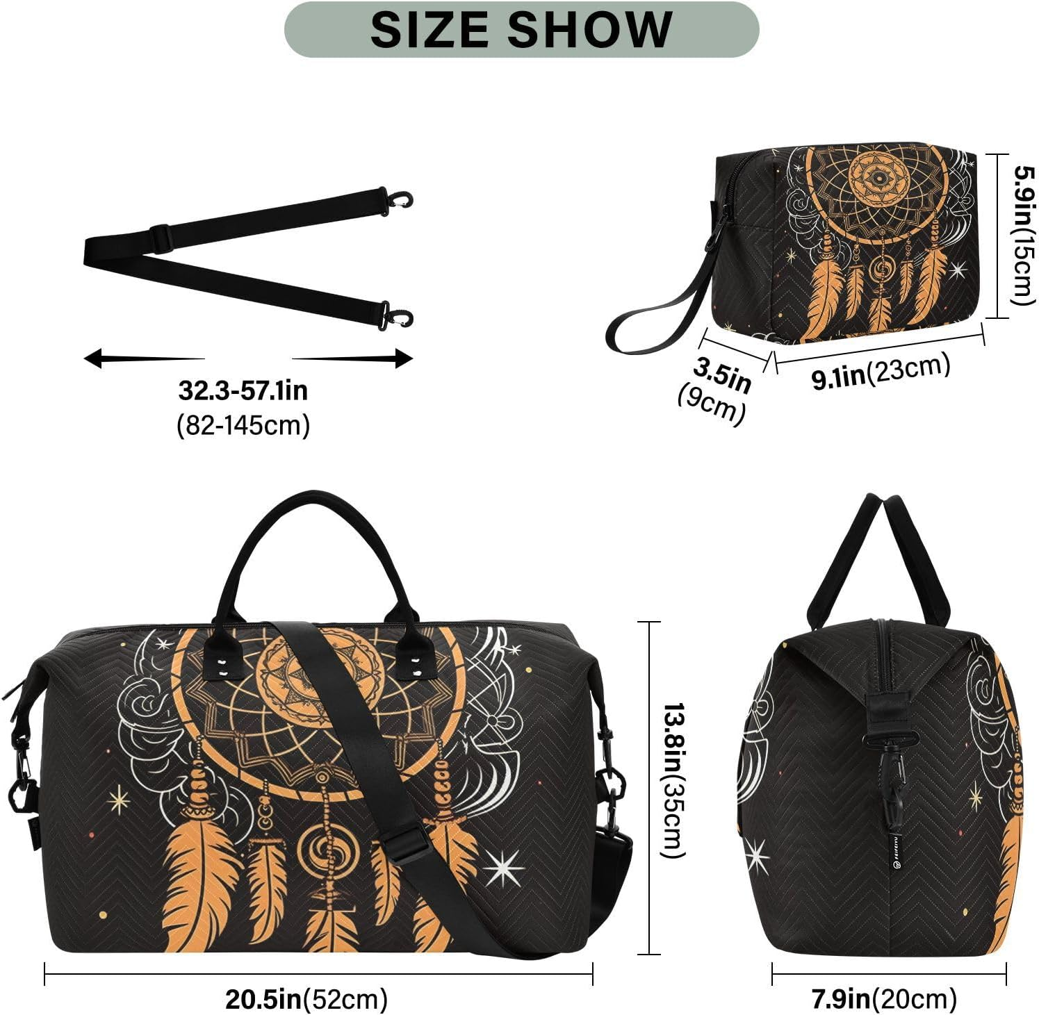 XYMZR Large Travel Duffel Bag, Orange Dreamcatcher Sports Tote Gym Bag, Shoulder Weekender Overnight Bag for Women Men, Carry on Luggage with Toiletry Bags, Multi-Colored, Multi-Colored image number 4