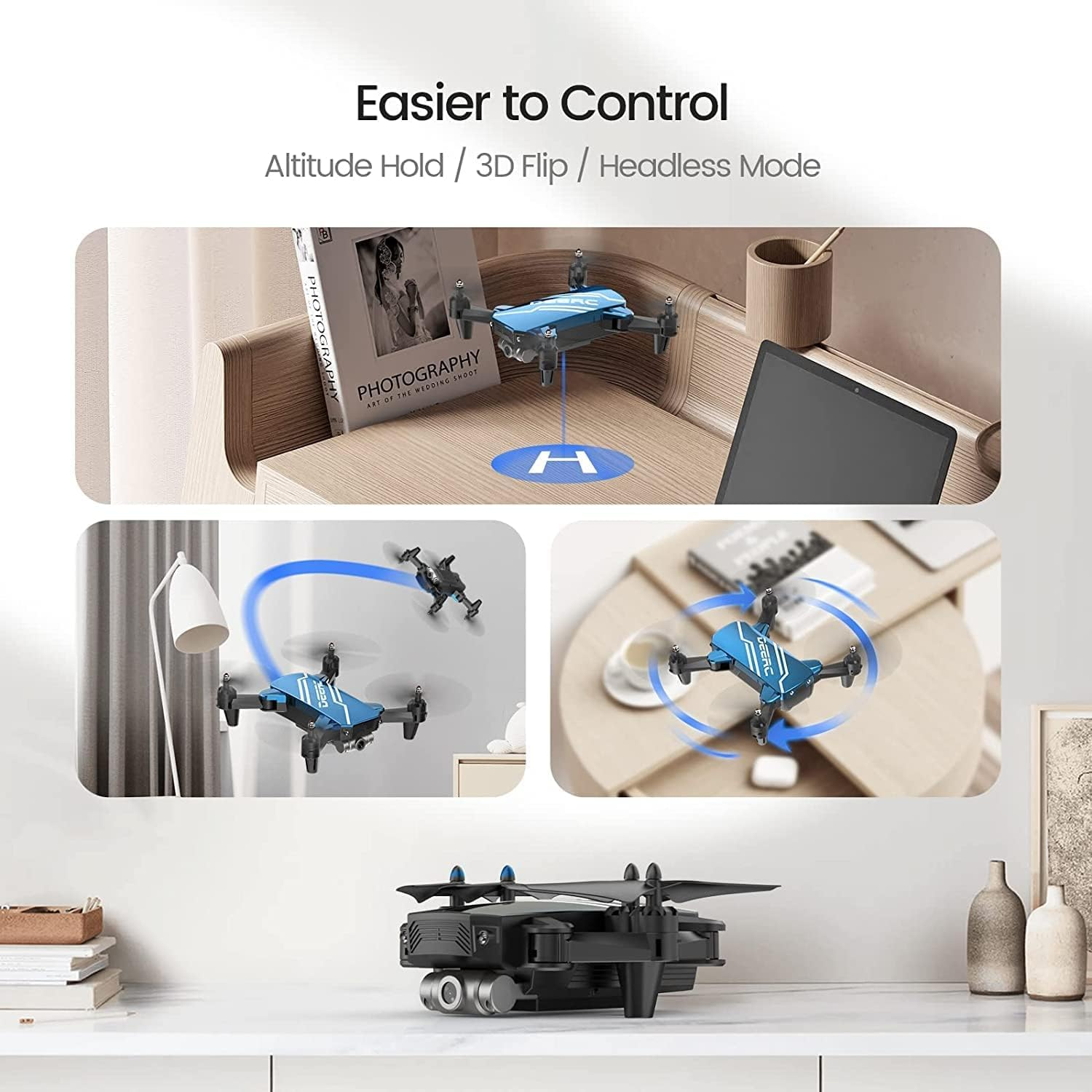 DEERC D20 Mini Drone with Camera for Kids, Remote Control Toys Gifts for Boys Girls with Voice Control, Gestures Selfie, Altitude Hold, Gravity Control, One Key Start, 3D Flips 2 Batteries, Blue - Silver image number 5