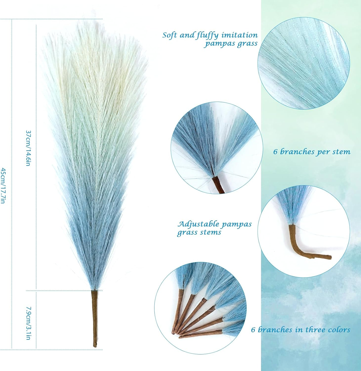 Lenamos 6 PCS Faux Pampas Grass Arrangement - 17.7"/45Cm Artificial Fluffy Pompous Grass Stems for Boho Chic Home and Wedding Decor (Gradient Blue) image number 6
