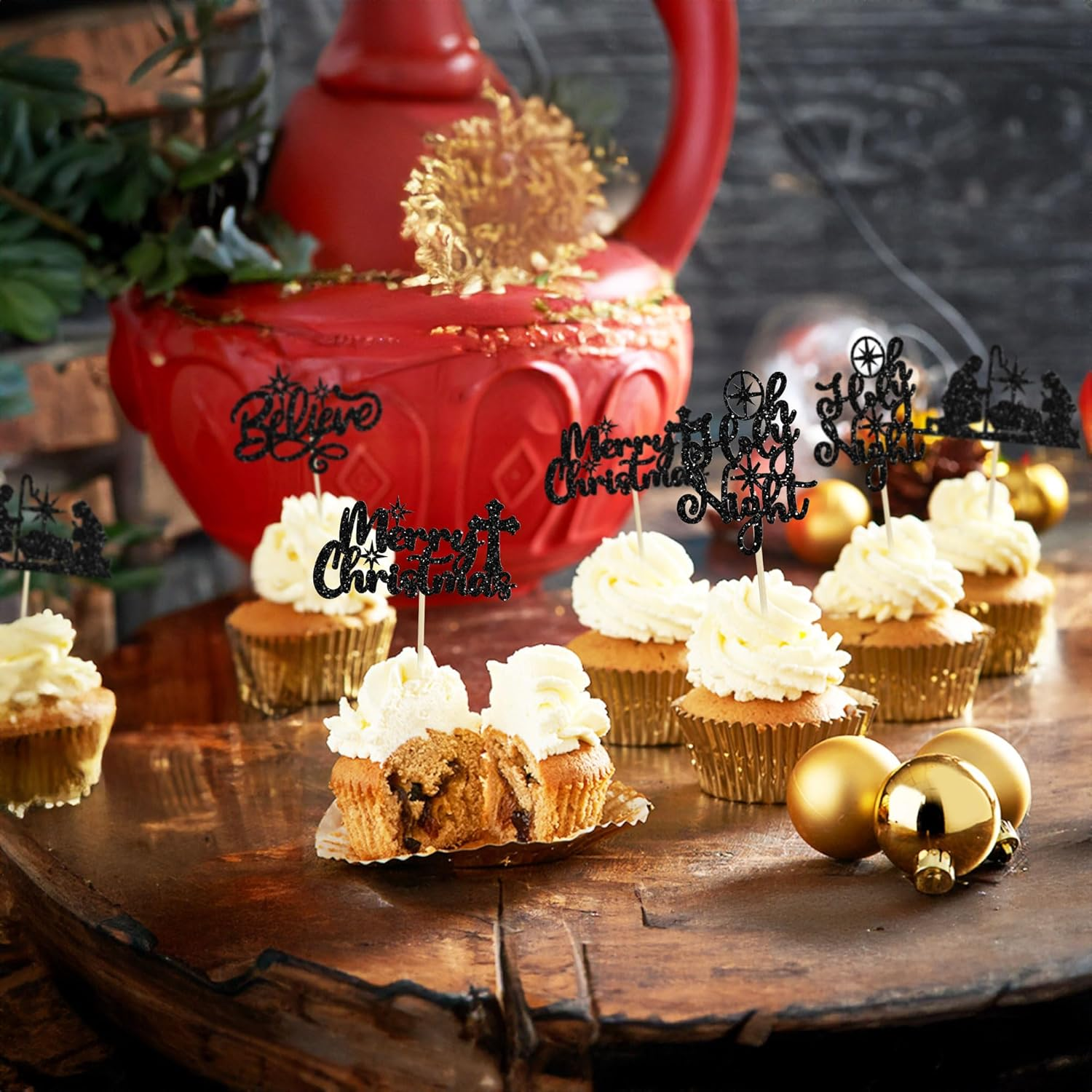 24Pcs Christmas Nativity Cupcake Toppers Glitter Holy Night Blessed Hope Believe Jesus Birthday Cupcake Picks for Nativity Scene Theme Merry Christmas Party Cake Decorations Supplies Black image number 1