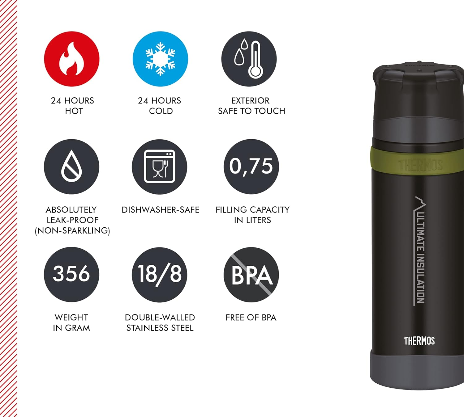 Thermos Flask, Stainless Steel, Charcoal Black Mat, 0,7 Liter