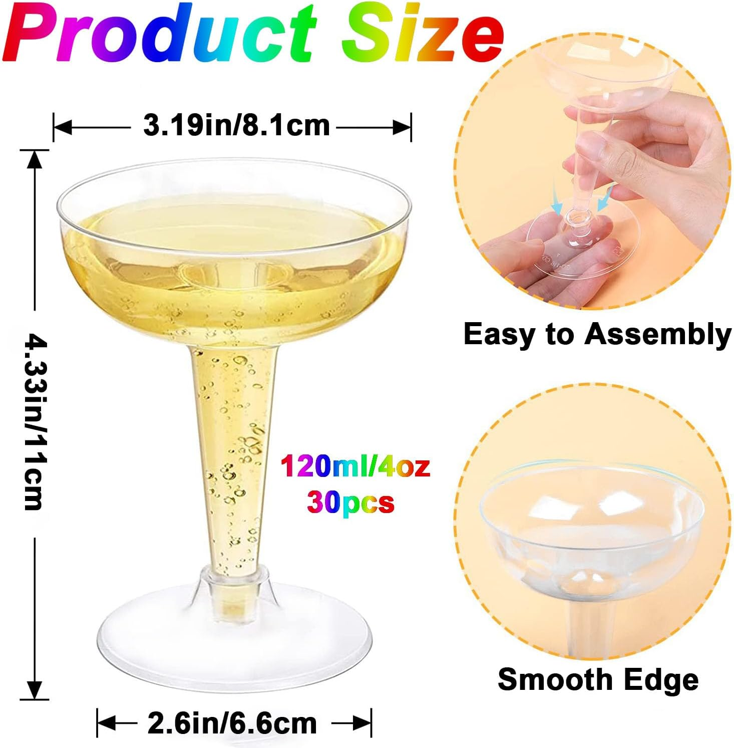 WADY 30 Pack Plastic Champagne Flutes, 120ML Plastic Champagne Glasses, 4 OZ Plastic Glitter Champagne Flutes, Perfect for Wedding, Thanksgiving Day, Christmas, Birthdays, Outdoor & Parties (Clear) image number 2