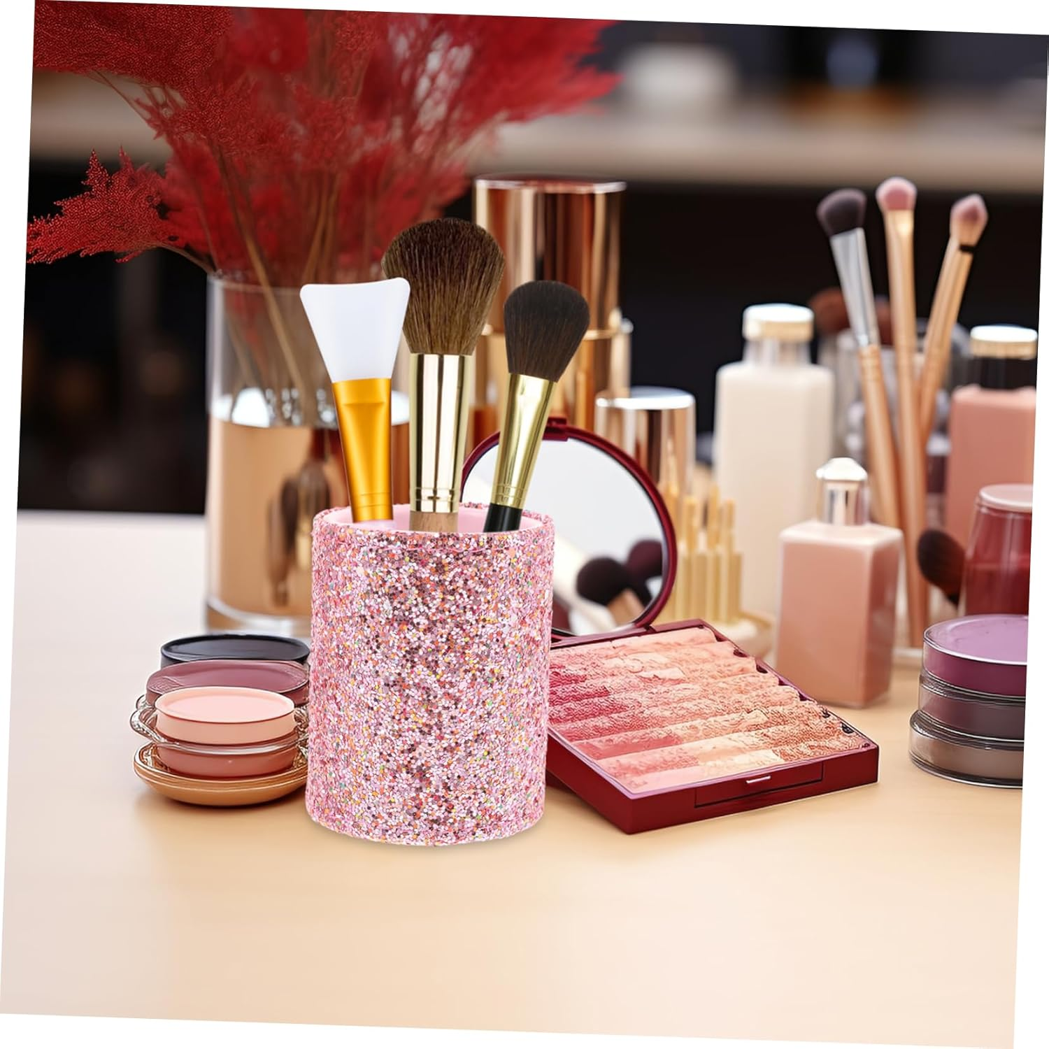 FRCOLOR Decorative Makeup Brush Holder Box Portable Brush Organizer Plastic Cosmetic Storage Case - Pink image number 6