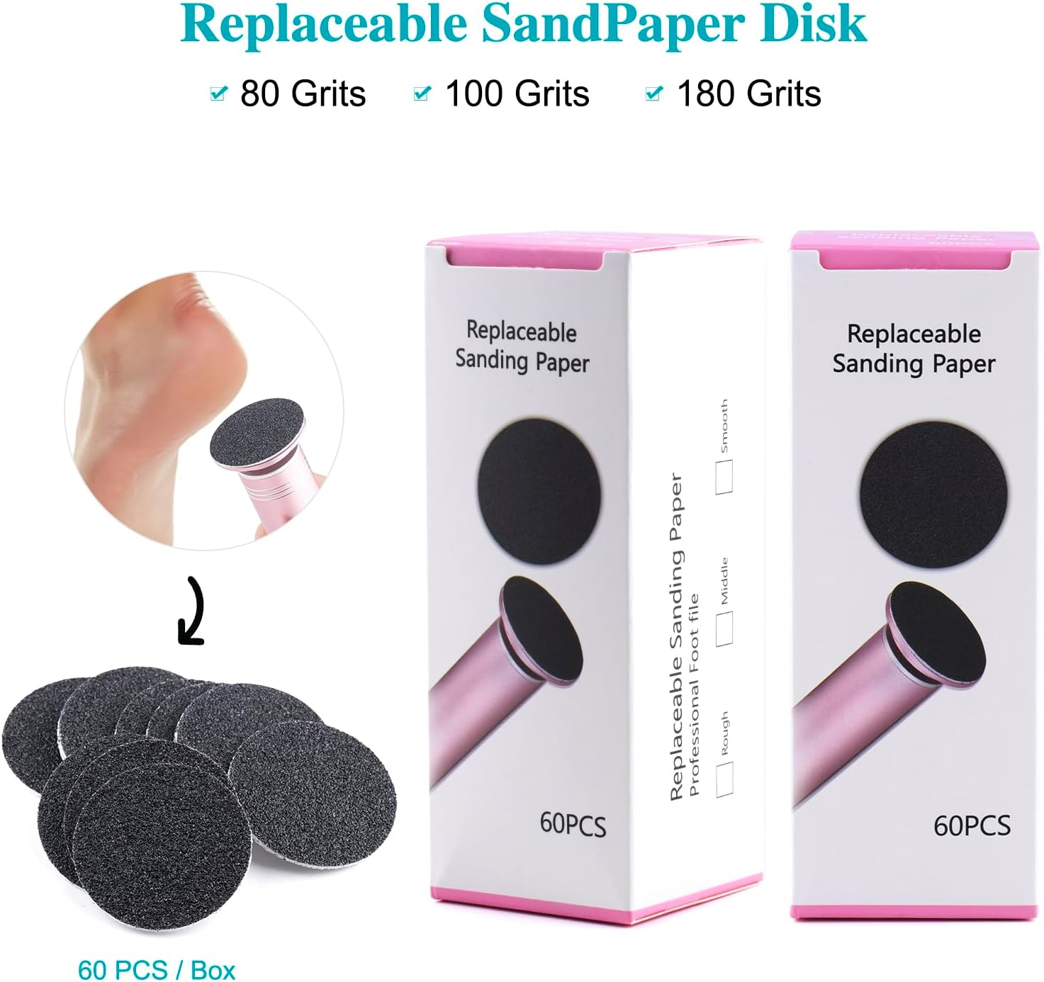 BNG Foot File for Callus Remover, Pack of 60, Foot Sandpaper, 4.2 Cm Replacement Foot Files Pads with Electric Sanding Disc Shaft for Foot Care, Cracked Heels, Hard Dead #80 Skin