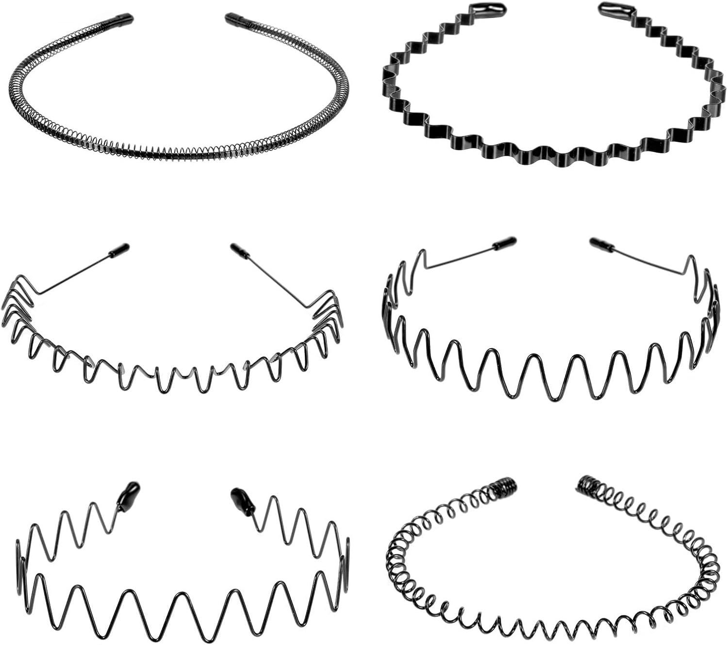 Sibba Pack of 6 Metal Hair Bands, Unisex Wave Hair Bands for Sports and Daily Life, Non-Slip Elastic Headbands for Running, Yoga and Parties, Black image number 2