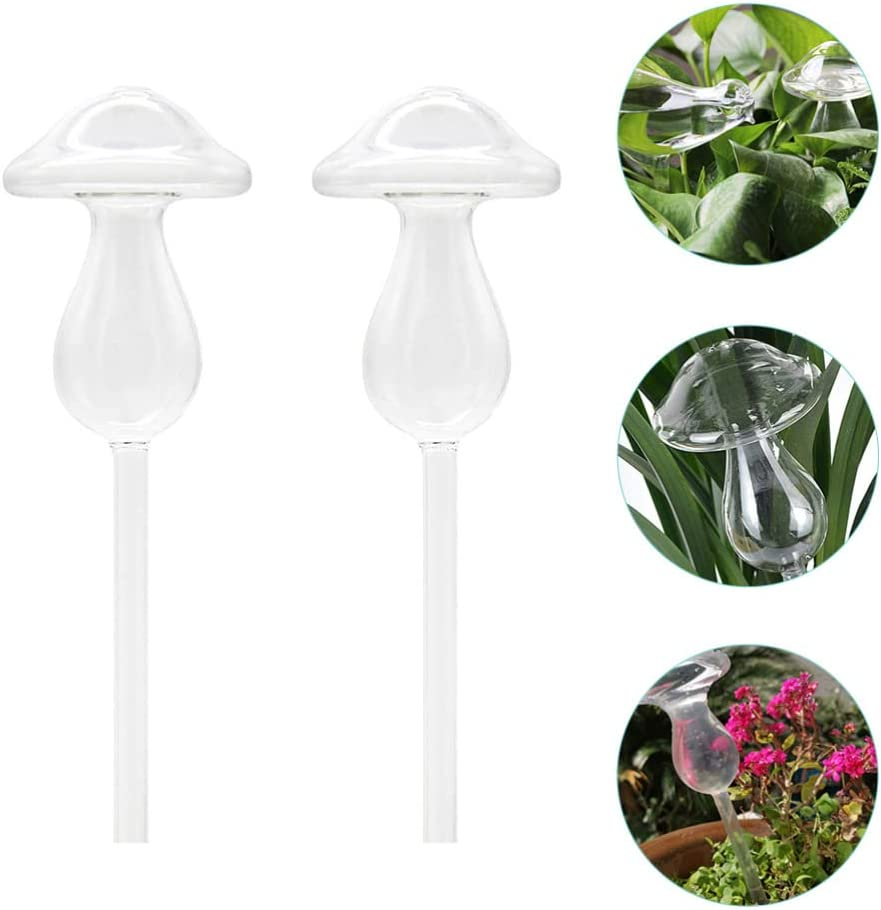 Jojofuny Self Watering Globes 2Pcs Plant Watering Globes Mushroom Shape Glass Plant Waterer Cute Self Bulbs Devices Water Drip Irrigation Device Automatic Waterer image number 1