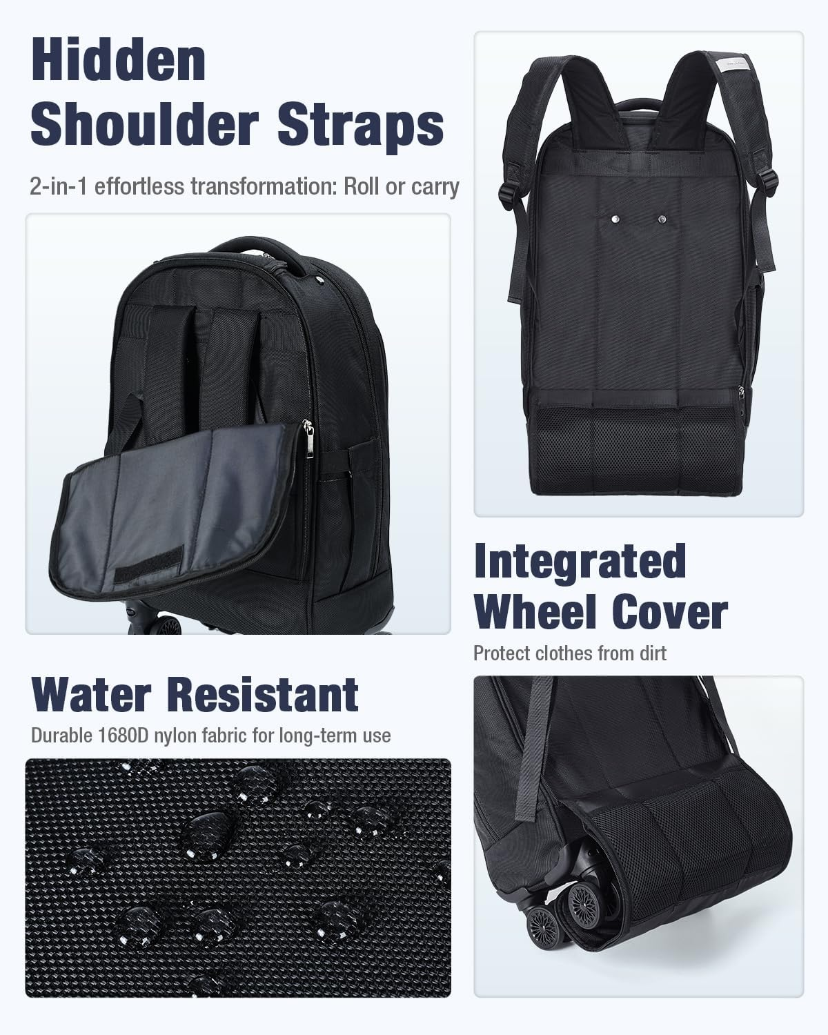 Ponhog Rolling Backpack with 4 Wheels, 15.6 Inch Travel Laptop Backpack for Women Men, Water Resistant Roller with USB Charging Port, Airline Approved Wheeled Work Bag, Black image number 1