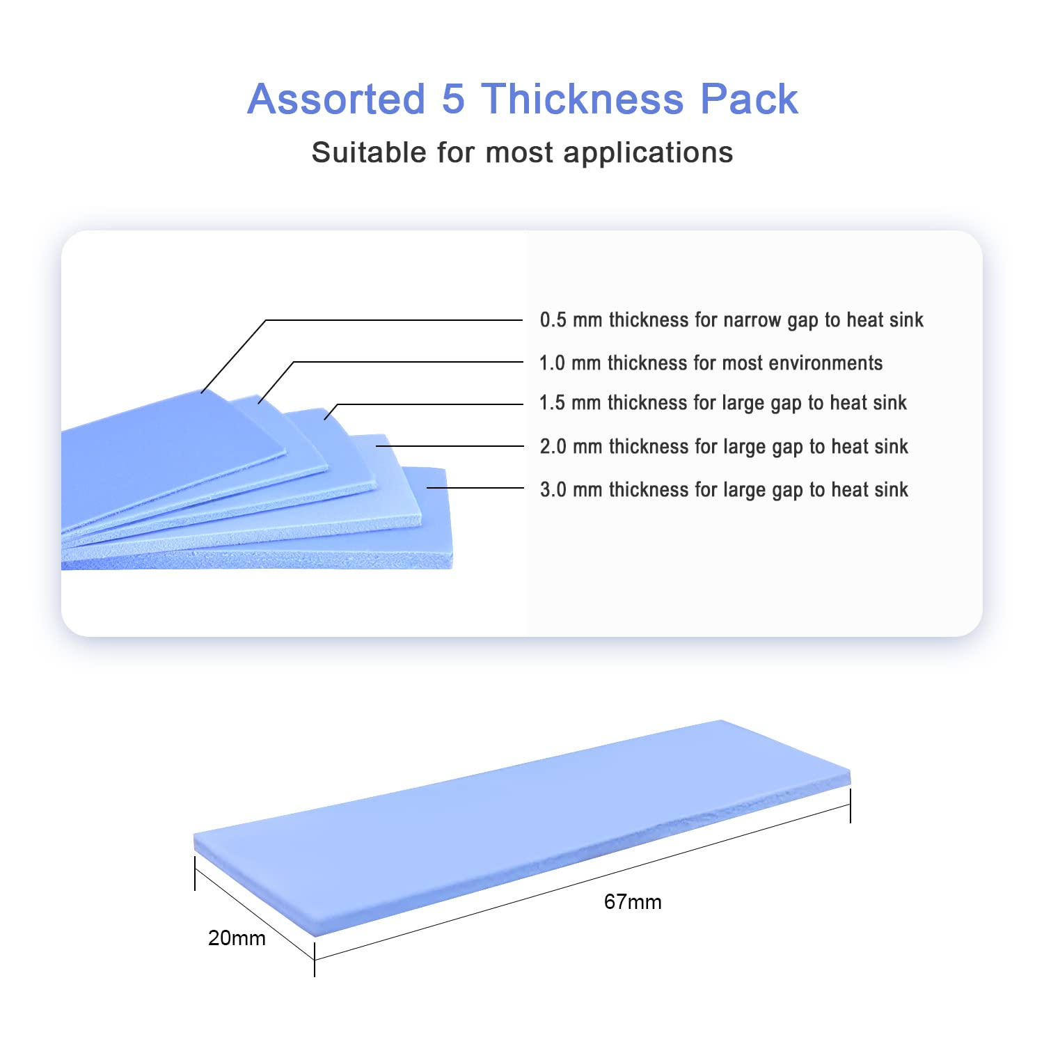 30 Pack Thermal Pads, 20&times;67 Mm by 5 Thickness 0.5 | 1 | 1.5 | 2 | 3 Mm, Thermal Conductivity 2.0 W/M.K, Self-Adhesive & Soft, Ideal for Repairing and Cooling Electronics image number 3