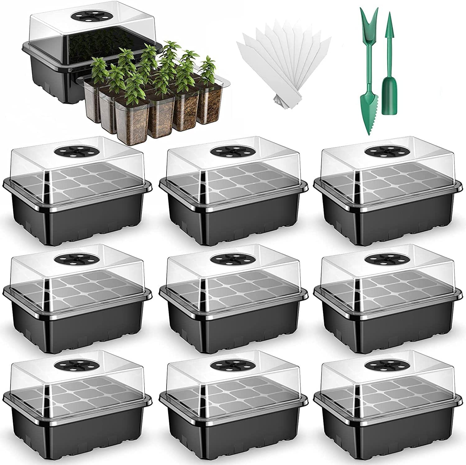 Seed Starter Tray Kit 10 Pack Seed Starting with Humidity Adjustable Dome and Base Vented Trays for Greenhouse & Gardens 120 Cells Growing Trays Mini Propagator Suitable for Seedling