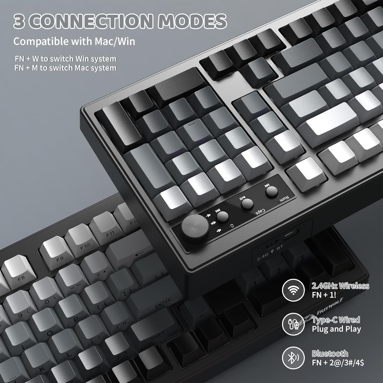 ZIYOU LANG K100 Wireless Gaming Keyboard,99 Keys Tri-Mode Bt/2.4Ghz/Usb-C Creamy Color Keyboard with Number Pad Rgb,Media Knob Custom Programmable Computer Keyboards for Pc/Mac/Xbox (Black) image number 3