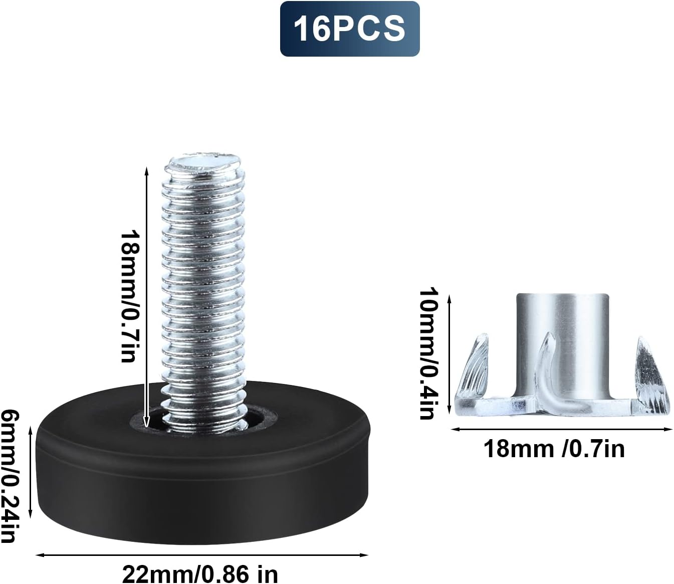 AIEX Adjustable Furniture Levelers, 16Pcs Leveling Feet Screw in Chair Feet with T-Nuts Table Chair Leveler Furniture Glide Leveling Feet for Furniture Leg Cupboard(Metric M6) image number 1